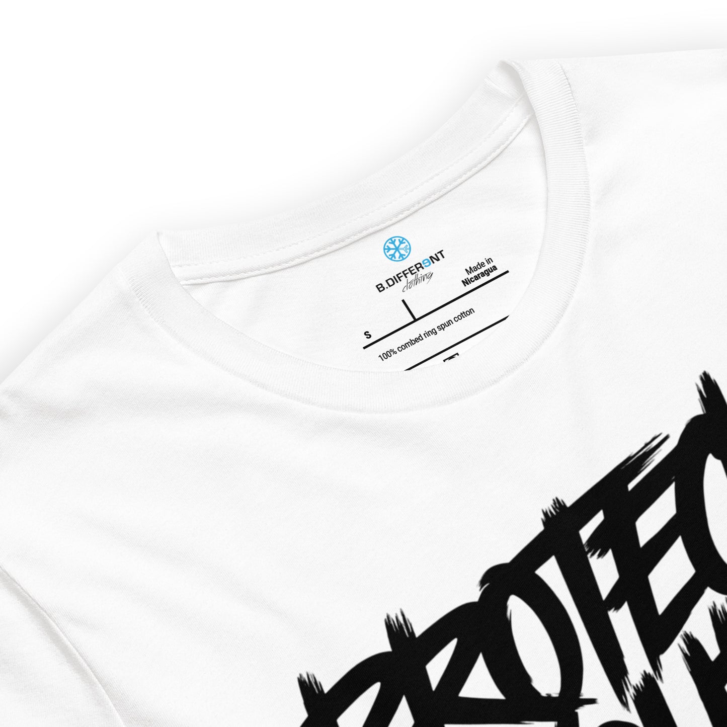 White-Protect Your Vibe Graffiti Tag Tee from B.Different Clothing, collar, graffiti-inspired streetwear t-shirt