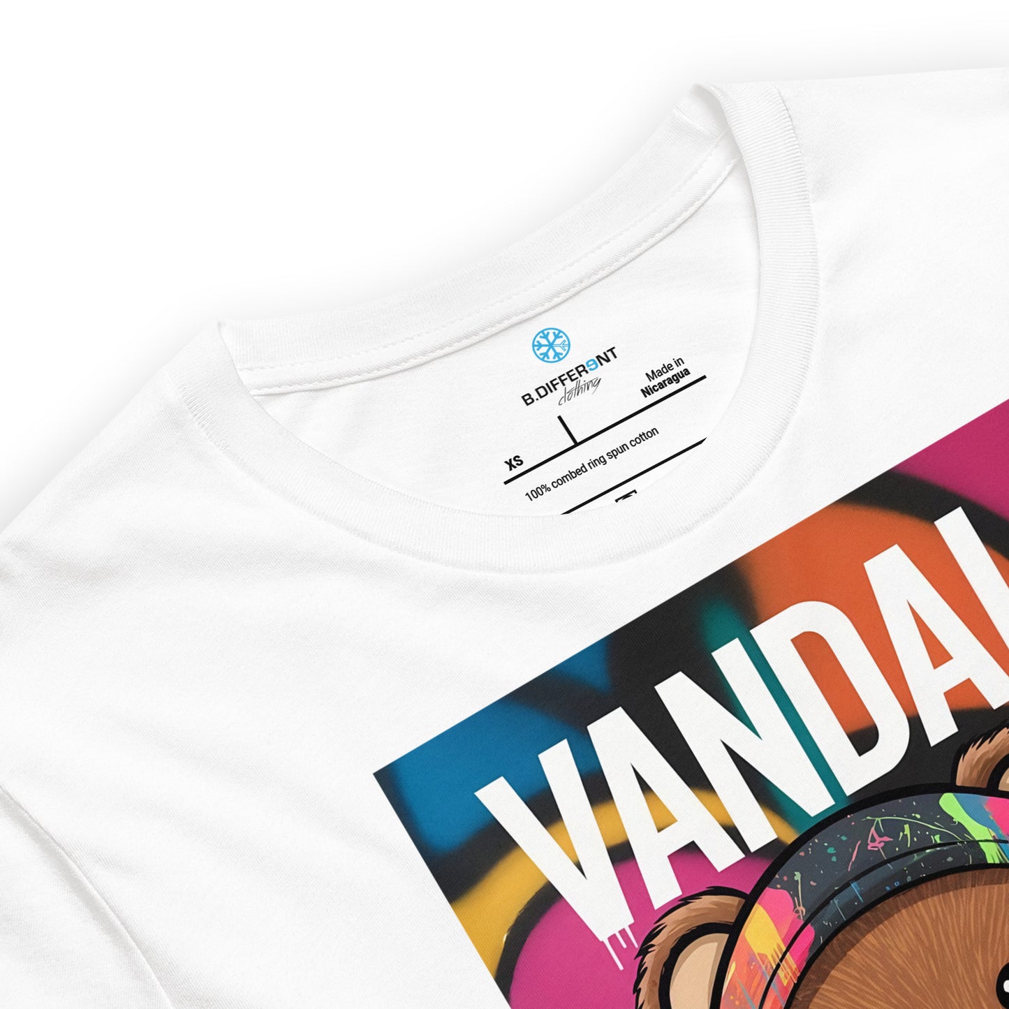 White-Vandal Teddy Bear Graffiti Tee from B.Different Clothing, collar, graffiti-inspired streetwear