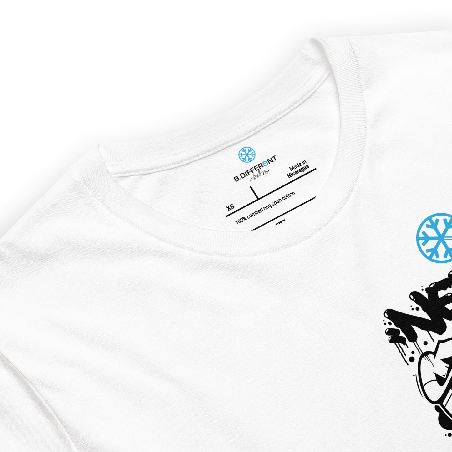 White-Never Stop Graffiti Character Tee from B.Different Clothing, collar, graffiti-inspired streetwear t-shirt