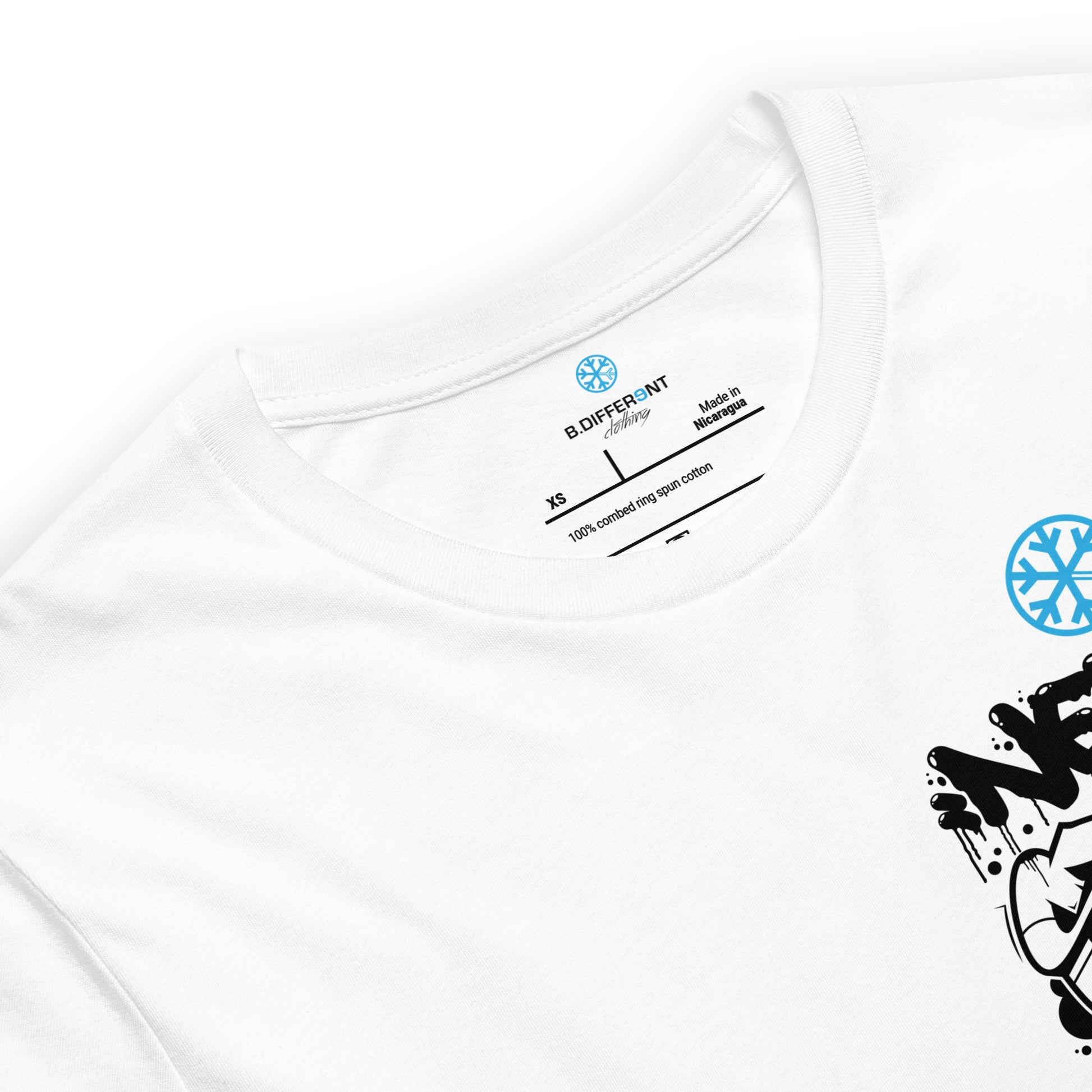 White-Never Stop Graffiti Character Tee from B.Different Clothing, collar, graffiti-inspired streetwear t-shirt