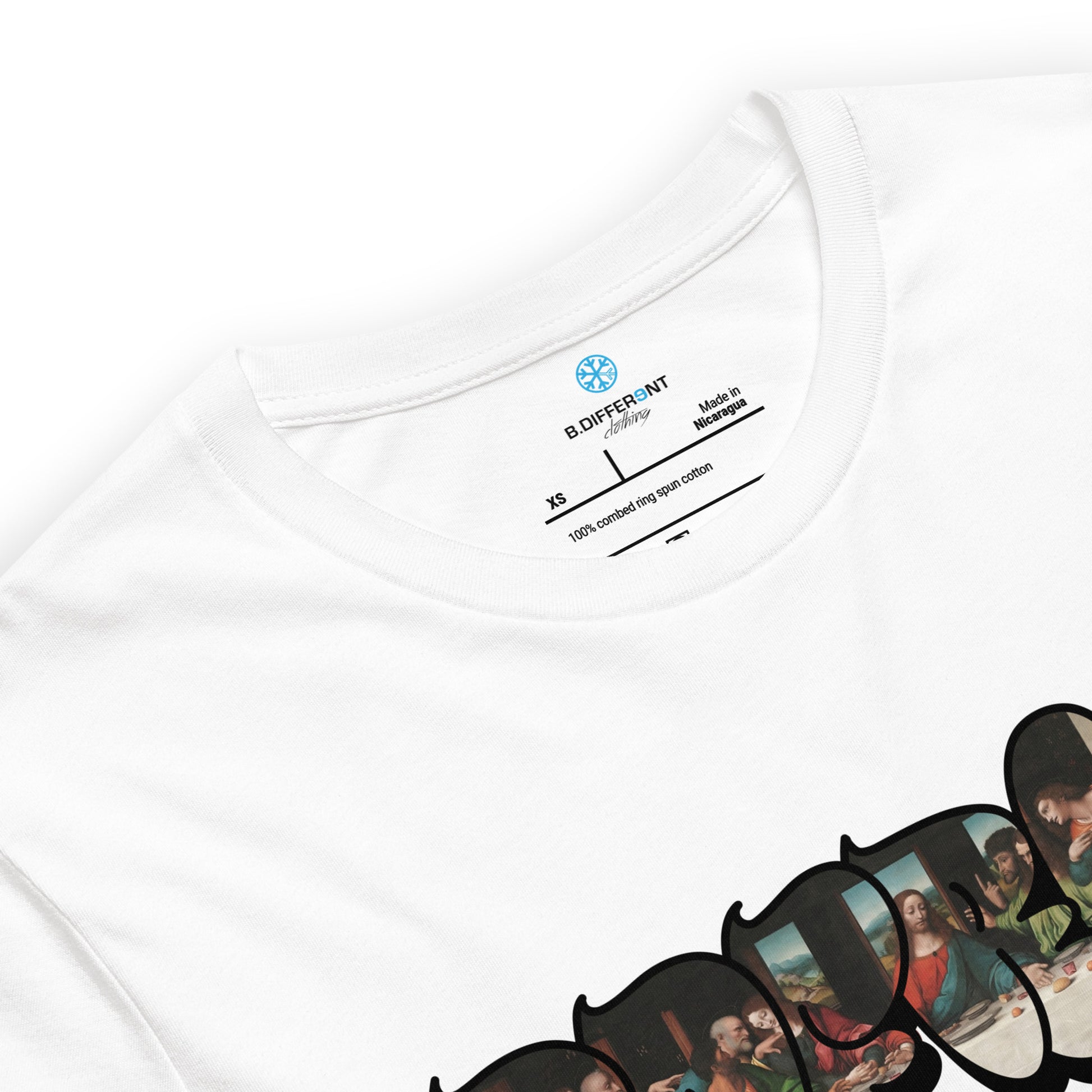 White-BDFRNT Throwie x Last Supper Graffiti Tee from B.Different Clothing, collar, graffiti-inspired streetwear t-shirt