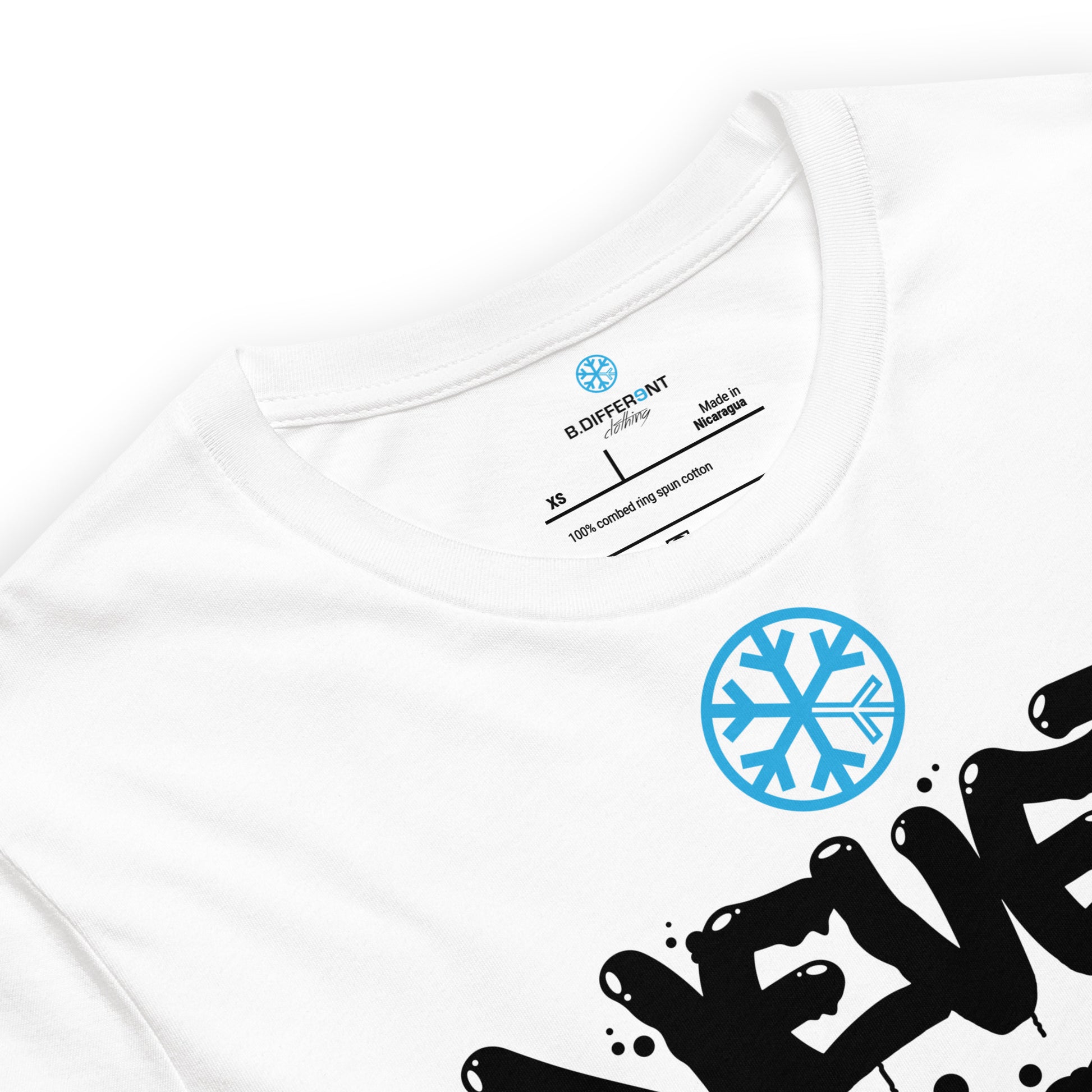 White-Never Stop Graffiti Piece Tee from B.Different Clothing, collar, graffiti-inspired streetwear t-shirt