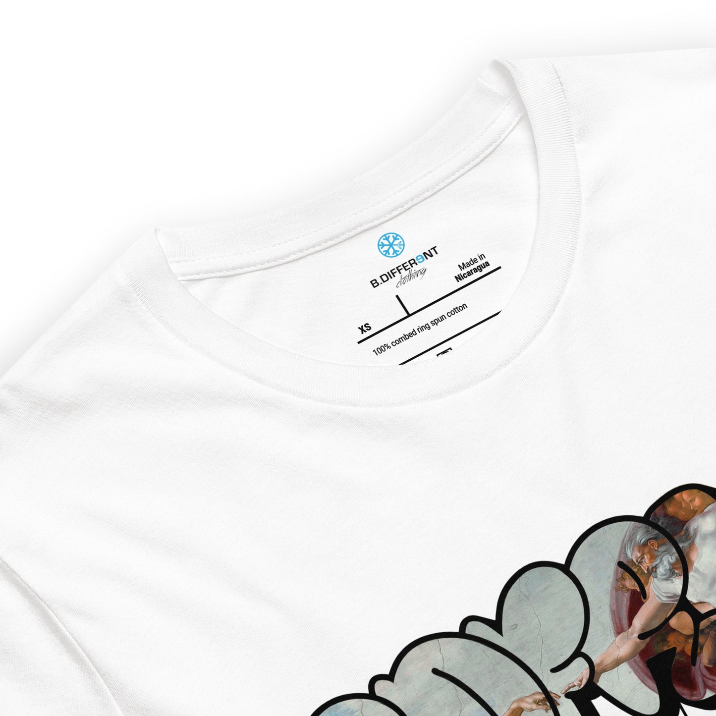 White-BDFRNT Throwie x Creation of Adam Graffiti Tee from B.Different Clothing, collar, graffiti-inspired streetwear t-shirt