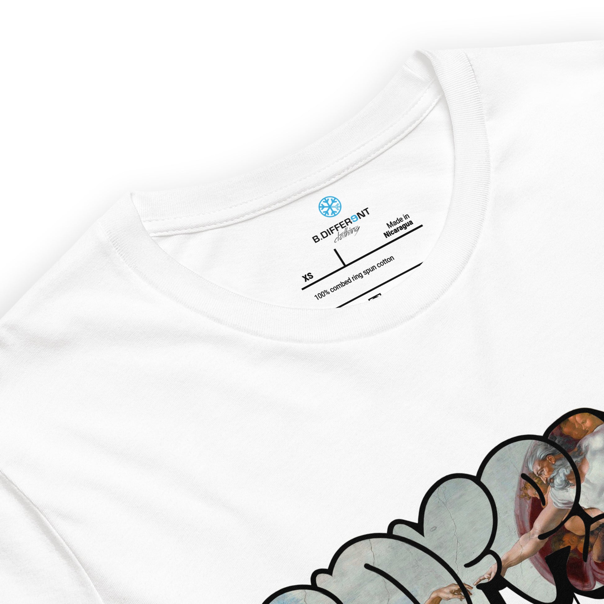 White-BDFRNT Throwie x Creation of Adam Graffiti Tee from B.Different Clothing, collar, graffiti-inspired streetwear t-shirt