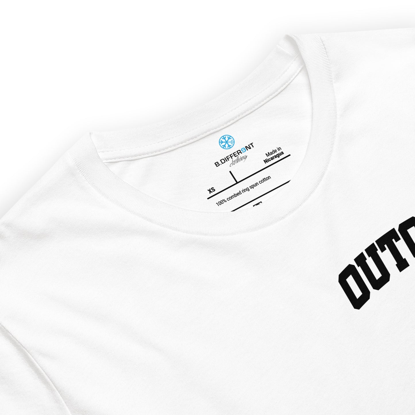 White-Outcast Graffiti Character Tee from B.Different Clothing, collar, graffiti-inspired streetwear t-shirt