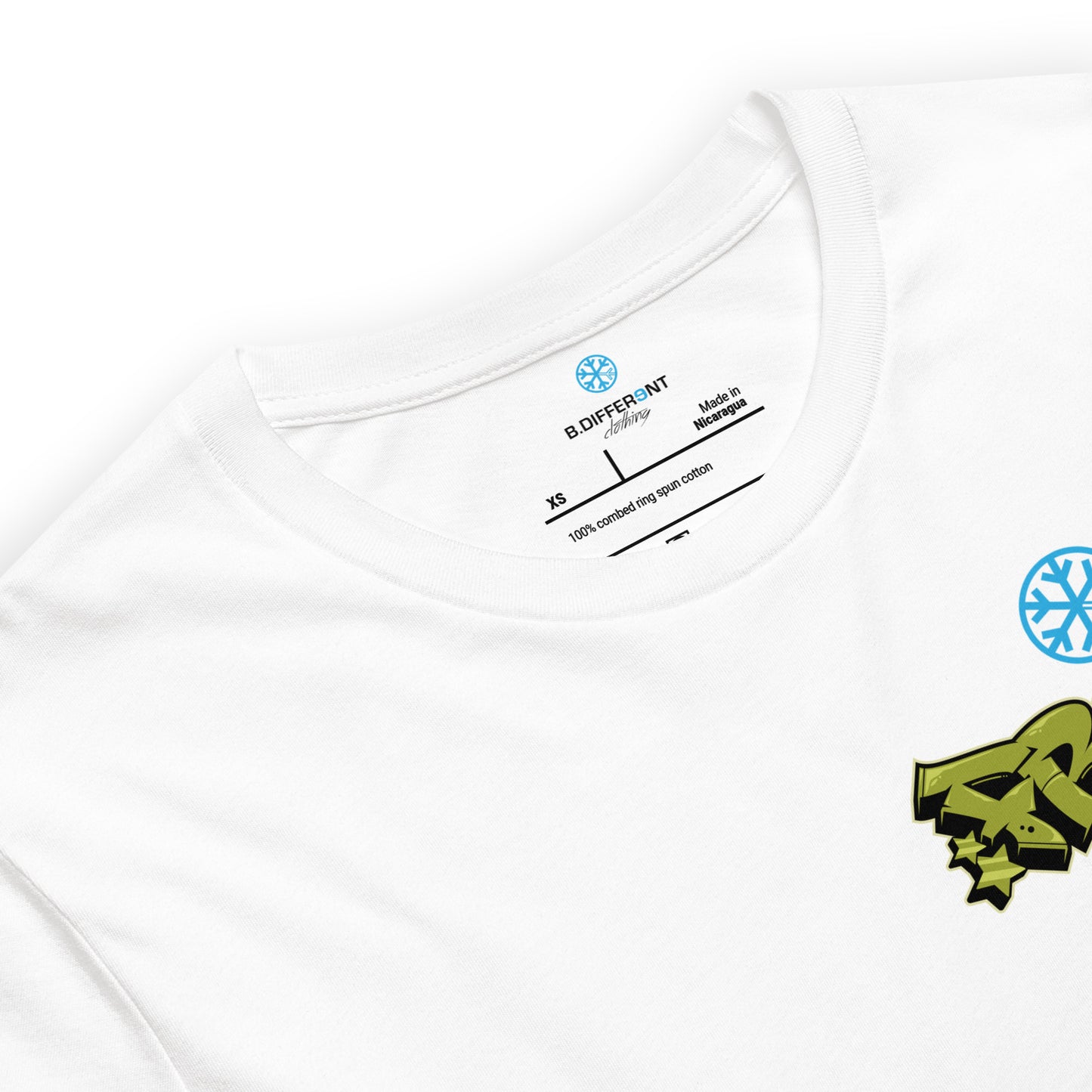 White-Fresh Graffiti Character Tee from B.Different Clothing, collar, graffiti-inspired streetwear t-shirt