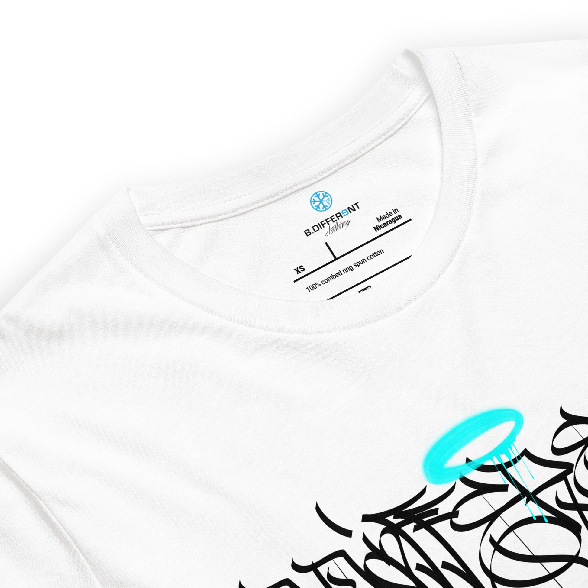 White-Caos One Collab Graffiti Tee from B.Different Clothing, collar, graffiti-inspired streetwear t-shirt