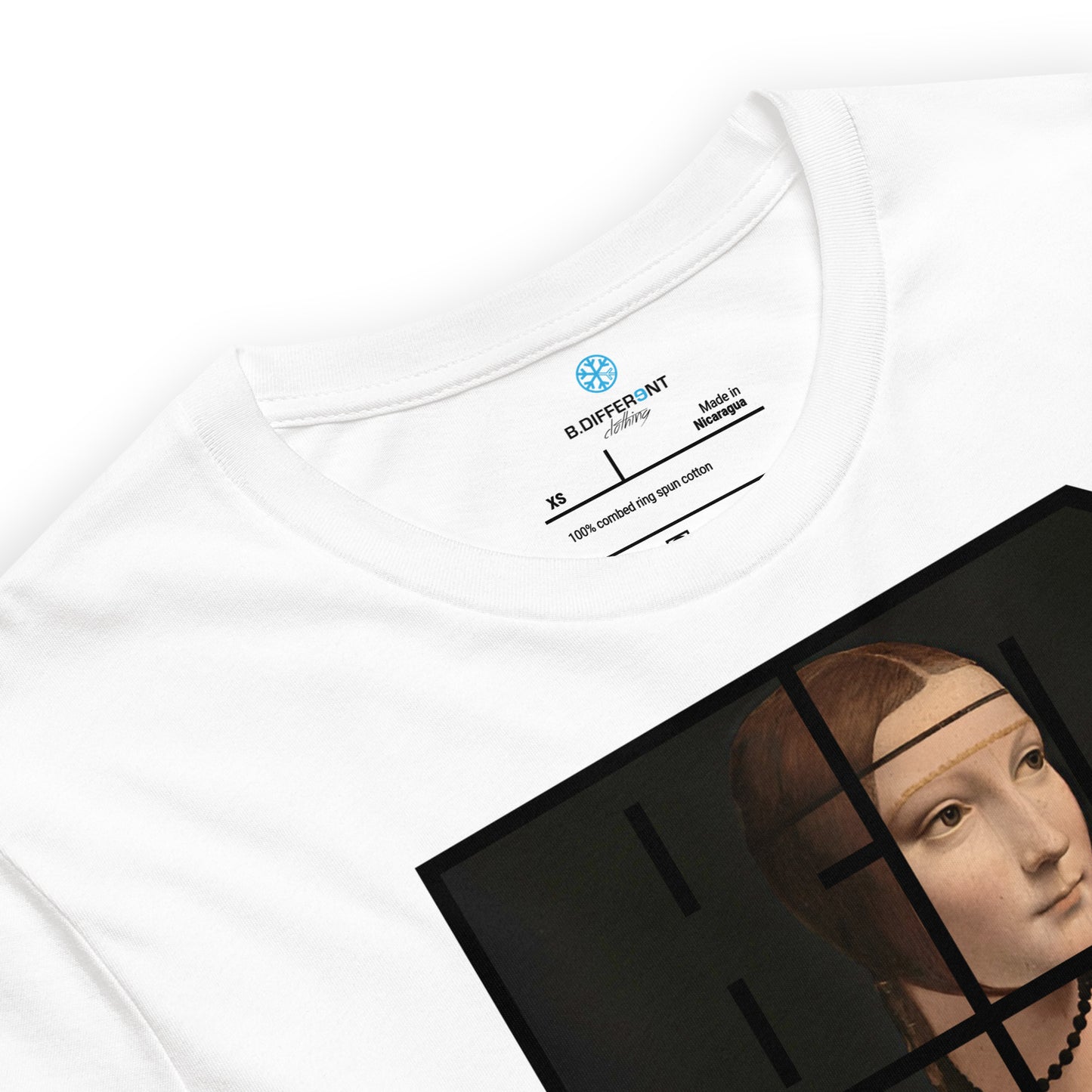 White-BDFRNT Blockbuster x Lady With Ermine Graffiti Tee from B.Different Clothing, collar, graffiti-inspired streetwear t-shirt