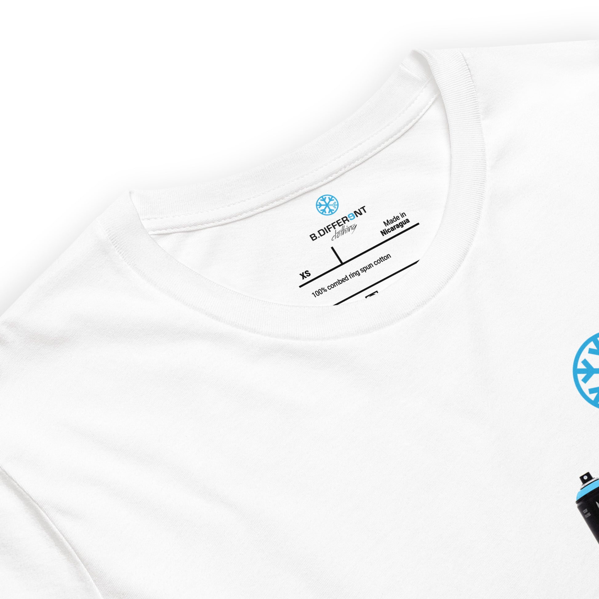 White-Graffiti Artist Action Figure Tee from B.Different Clothing, collar, graffiti-inspired streetwear t-shirt