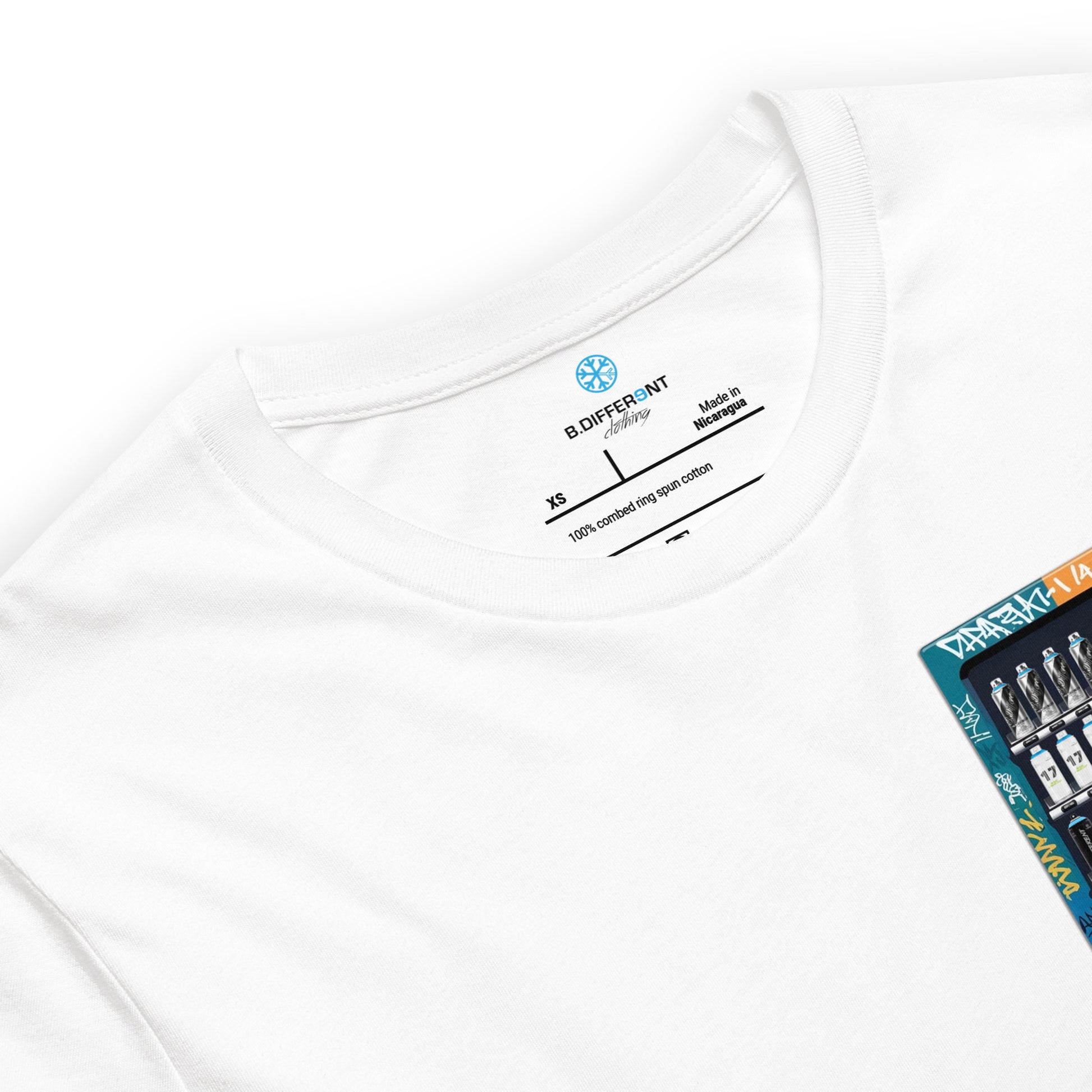 White-Graffiti Vending Machine Tee from B.Different Clothing, collar view, graffiti-inspired streetwear t-shirt