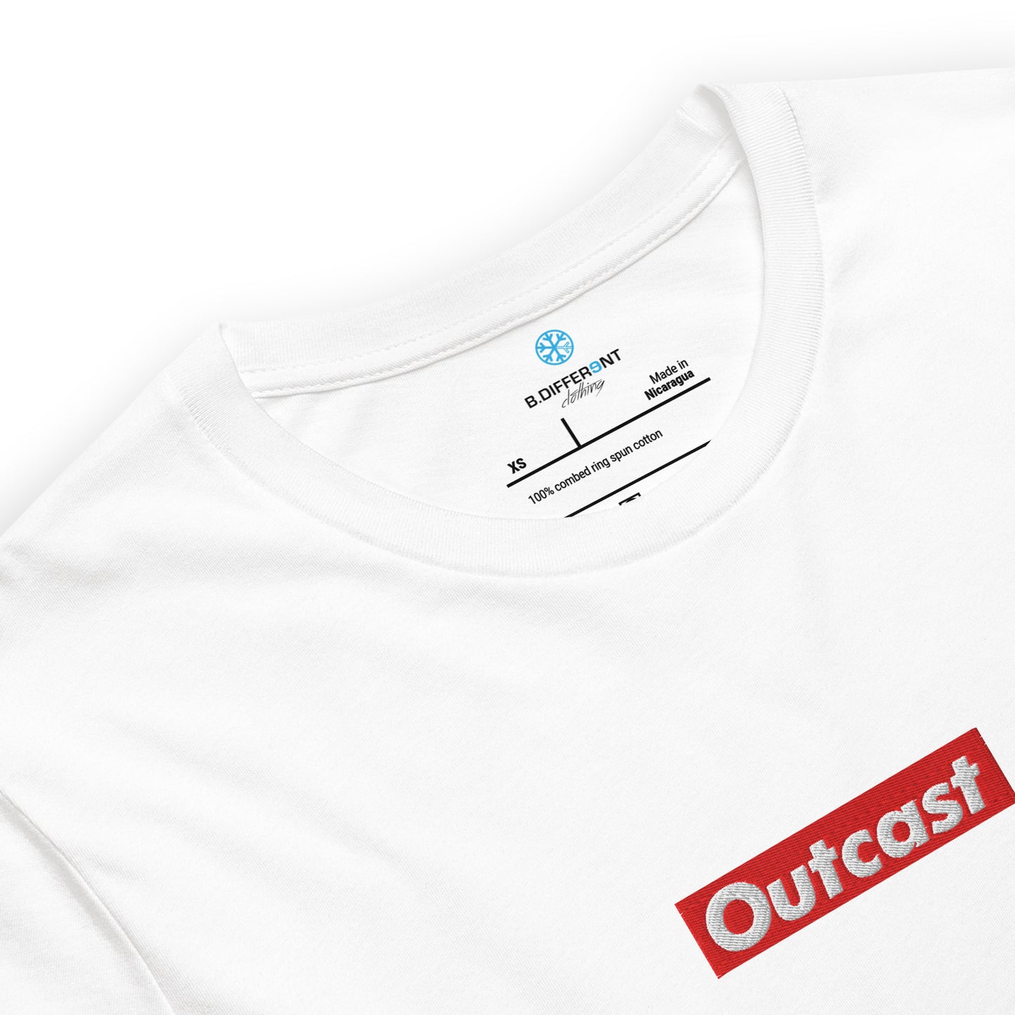 White-Outcast Box Tee from B.Different Clothing, collar, graffiti-inspired streetwear t-shirt
