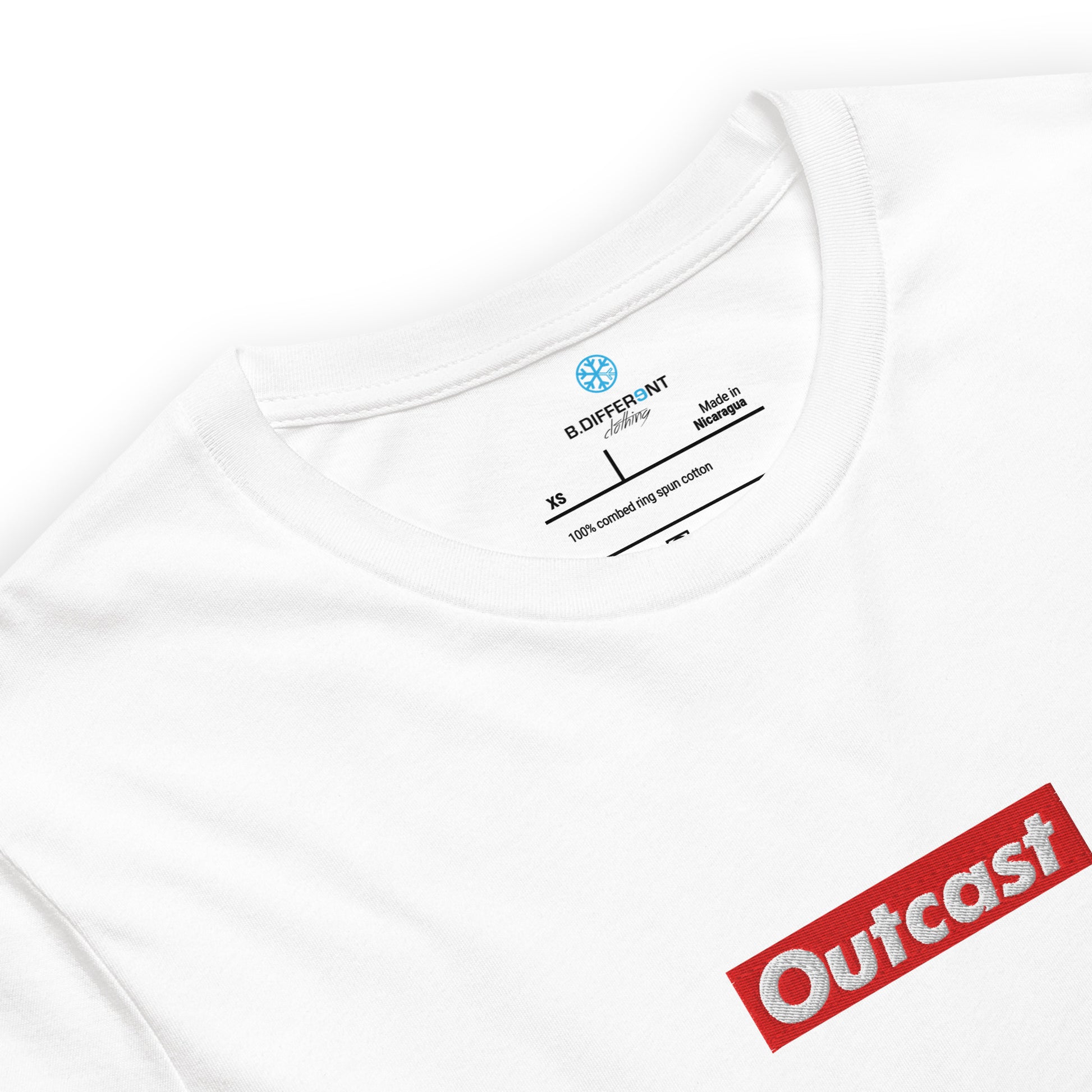 White-Outcast Box Tee from B.Different Clothing, collar, graffiti-inspired streetwear t-shirt