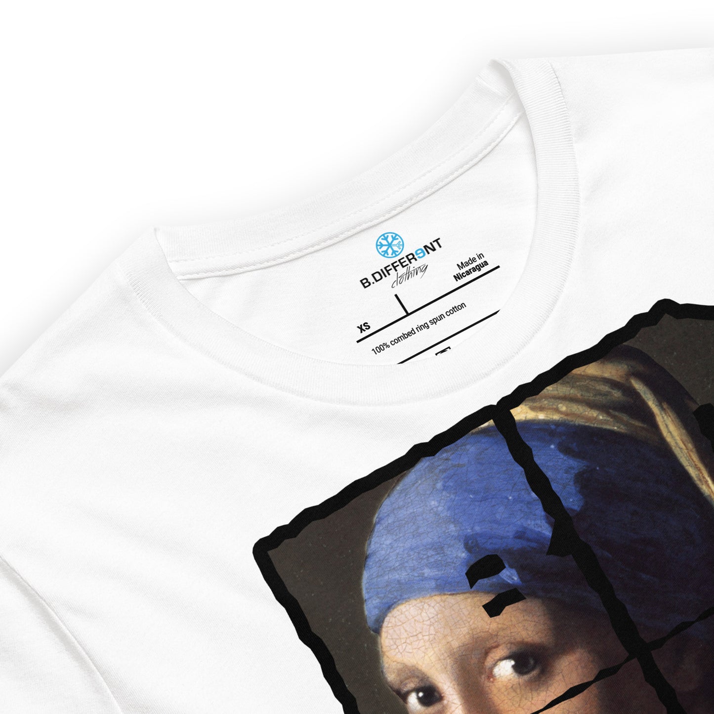 White-BDFRNT Blockbuster x Girl With Pearl Earring Tee from B.Different Clothing, detail view, graffiti-inspired streetwear