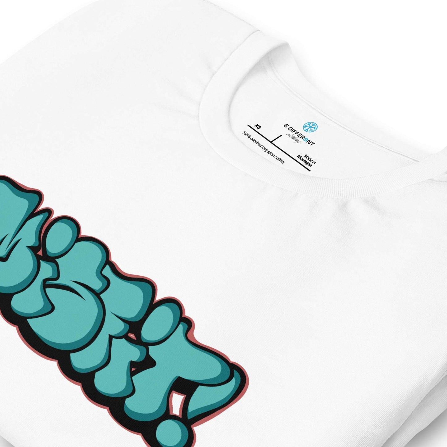 detail of Misfit throwie tee white by B.Different Clothing street art graffiti inspired streetwear brand