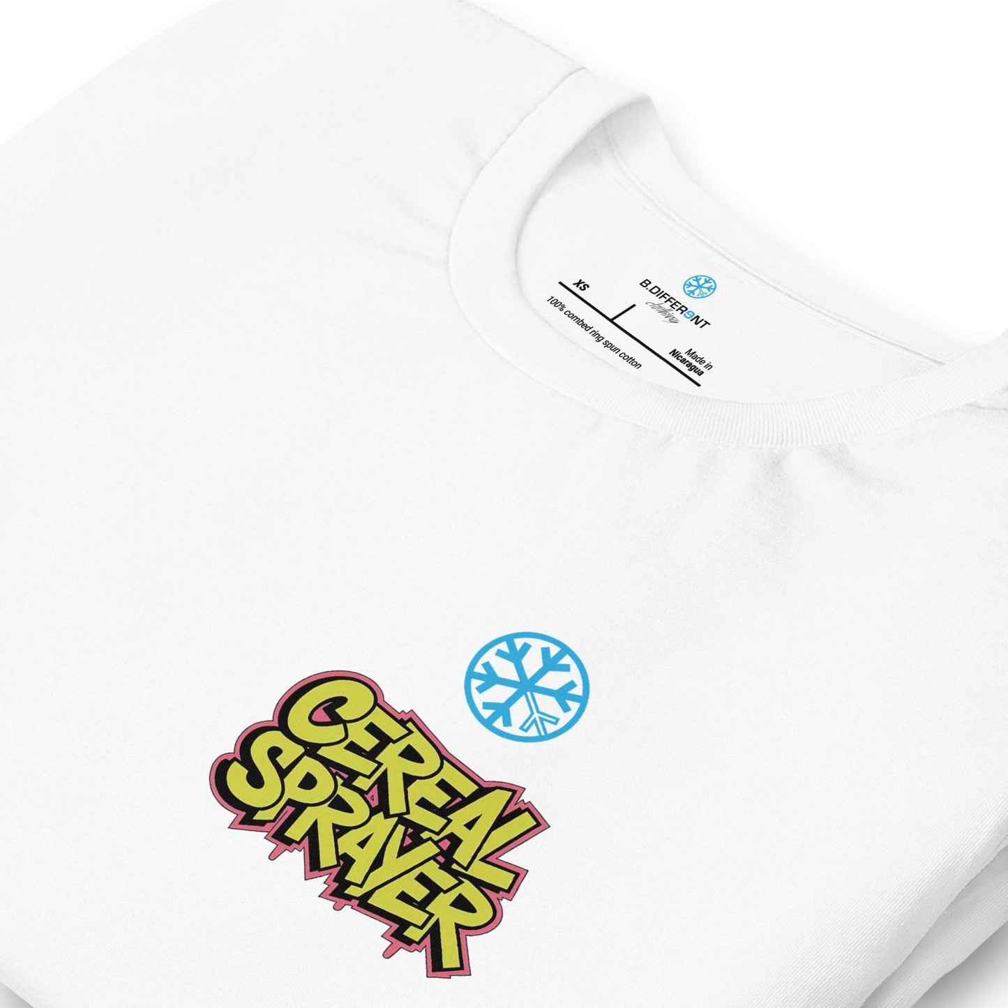 detail of Cereal Sprayer Graffiti Tee white B.Different Clothing graffiti street art inspired streetwear brand