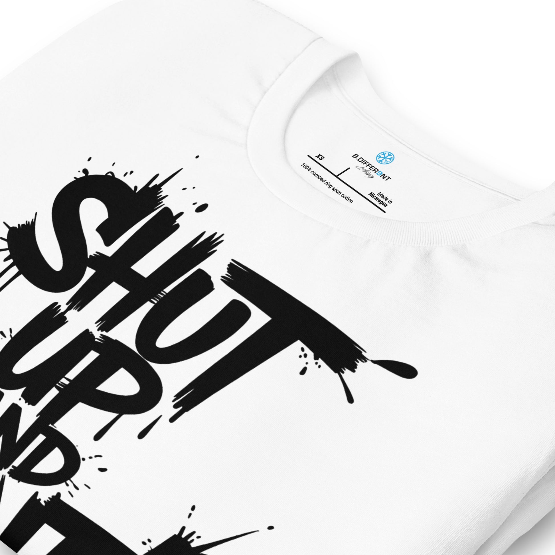 White-Shut Up and Paint Graffiti Tee from B.Different Clothing, detail, graffiti-inspired streetwear t-shirt