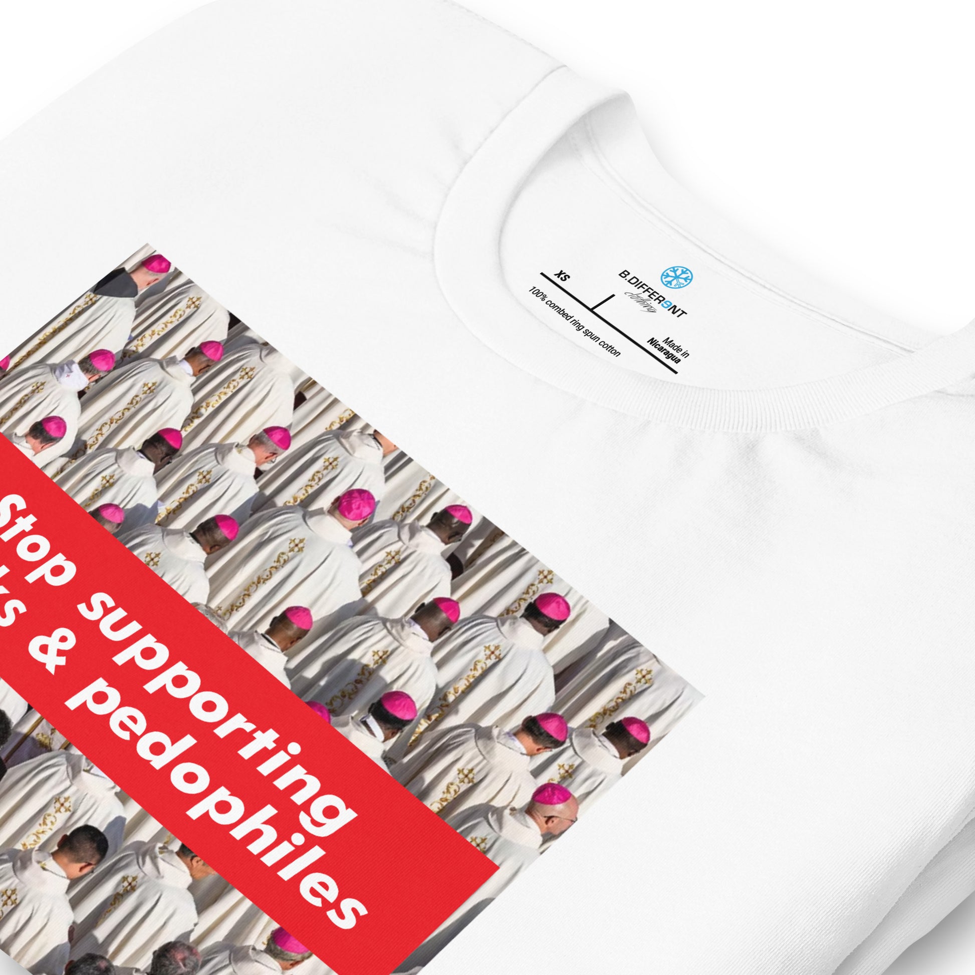 White-Vatican Crooks Tee from B.Different Clothing, detail, graffiti-inspired streetwear t-shirt