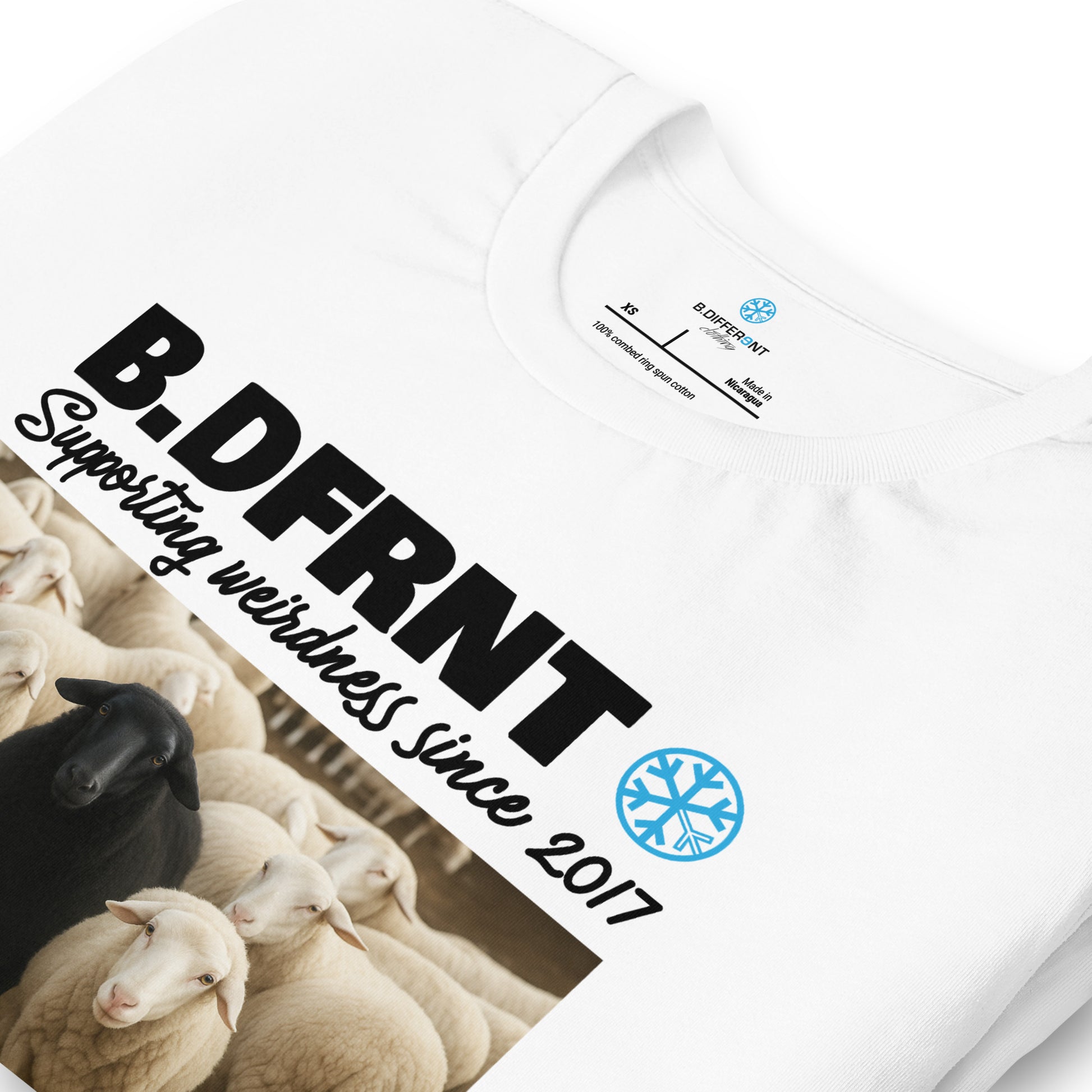 White-Black Sheep Tee from B.Different Clothing, detail, graffiti-inspired streetwear t-shirt