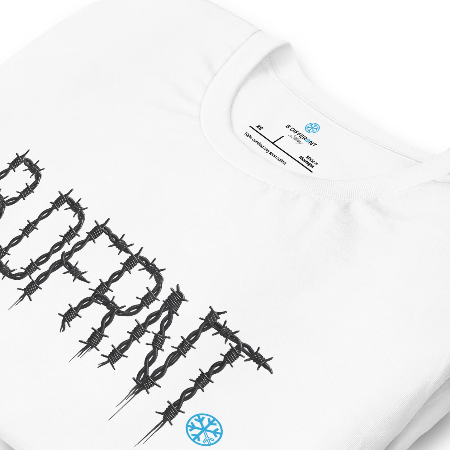 White-B.DFRNT Barbed Wire Tee from B.Different Clothing, detail, graffiti-inspired streetwear t-shirt