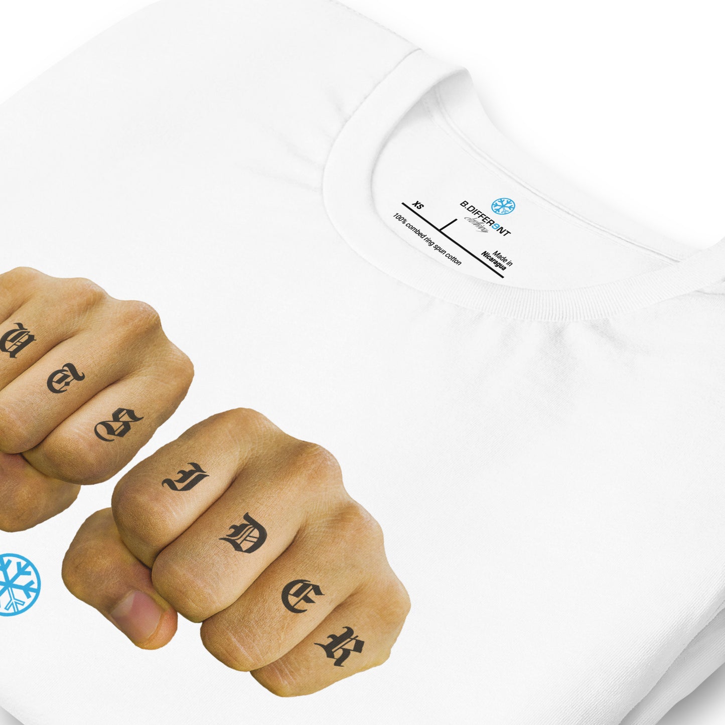 White-Outsider Tattoo Tee from B.Different Clothing, detail, graffiti-inspired streetwear t-shirt