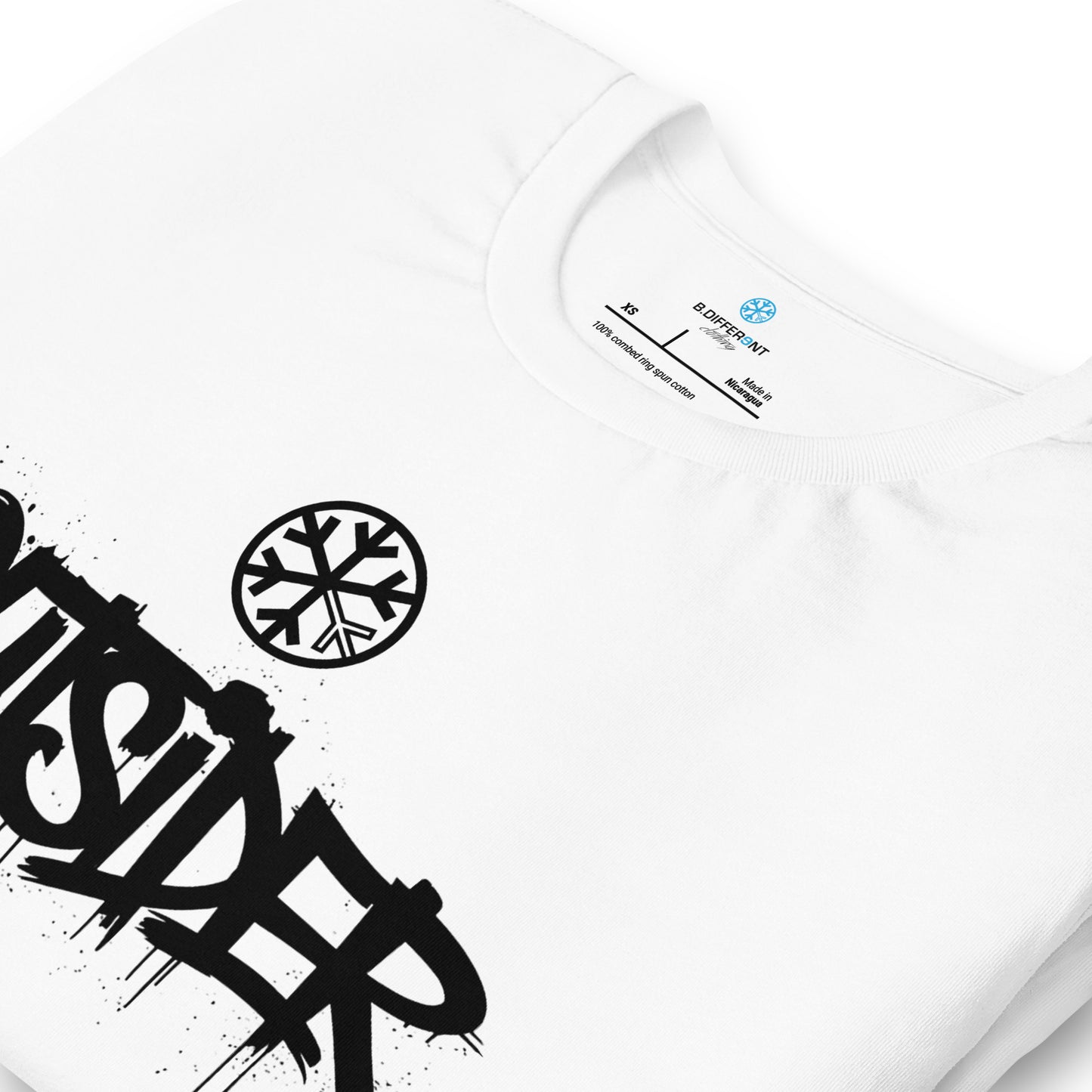 White-Outsider Graffiti Tag Tee from B.Different Clothing, detail, graffiti-inspired streetwear t-shirt
