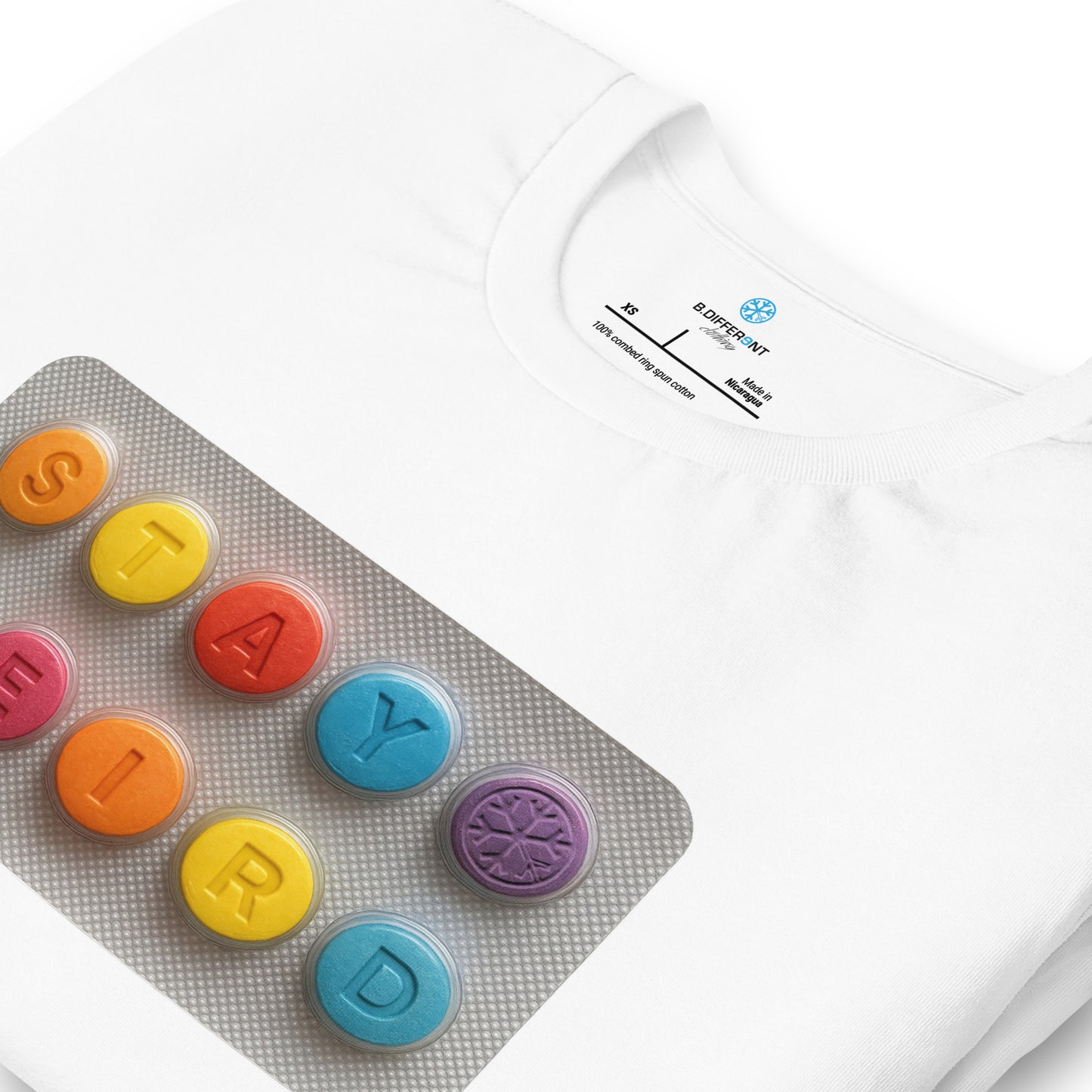 White-Stay Weird Pills Tee from B.Different Clothing, detail, graffiti-inspired streetwear t-shirt
