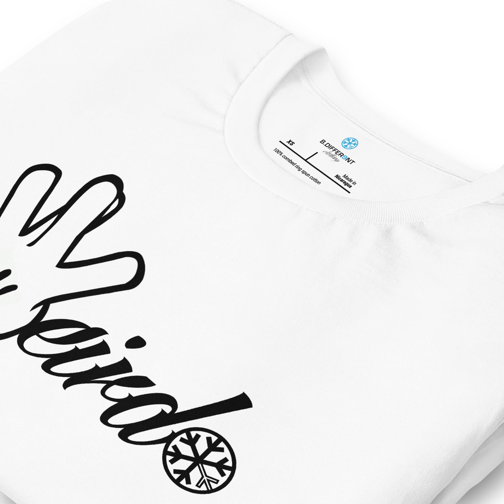 White-Weirdo Hand Sign Tee from B.Different Clothing, detail, graffiti-inspired streetwear t-shirt