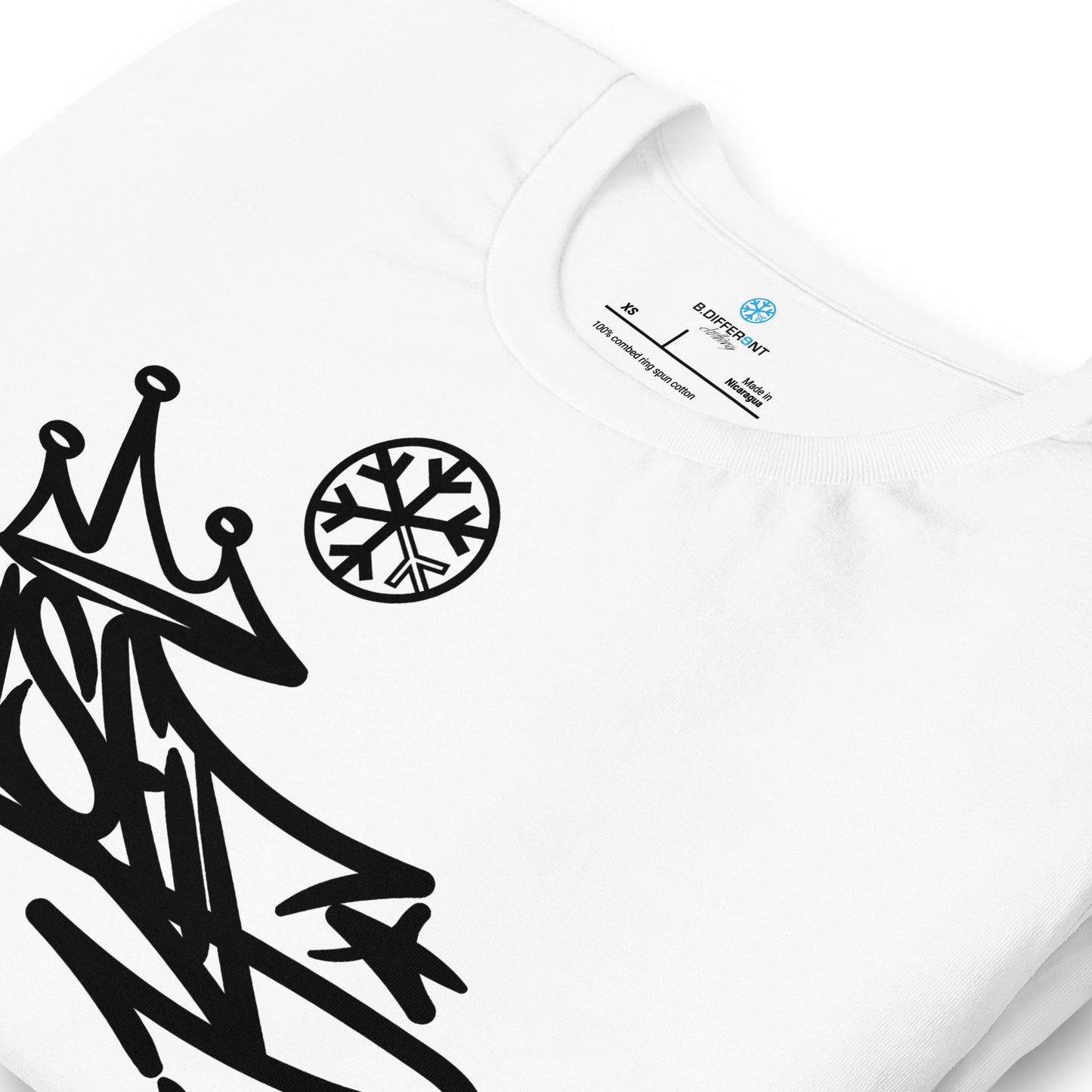 White-Misfit Graffiti Tag Tee from B.Different Clothing, detail, graffiti-inspired streetwear t-shirt