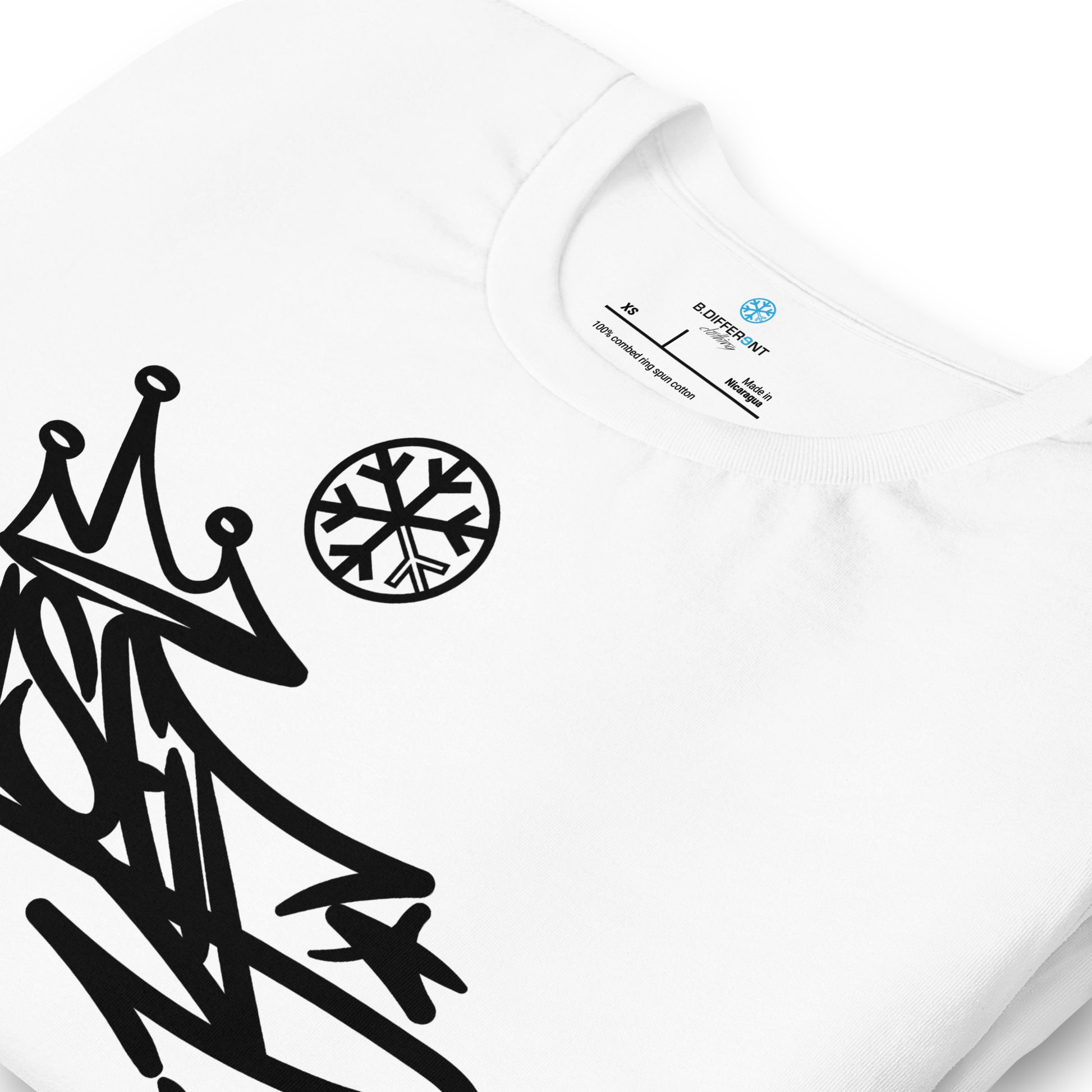 White-Misfit Graffiti Tag Tee from B.Different Clothing, detail, graffiti-inspired streetwear t-shirt