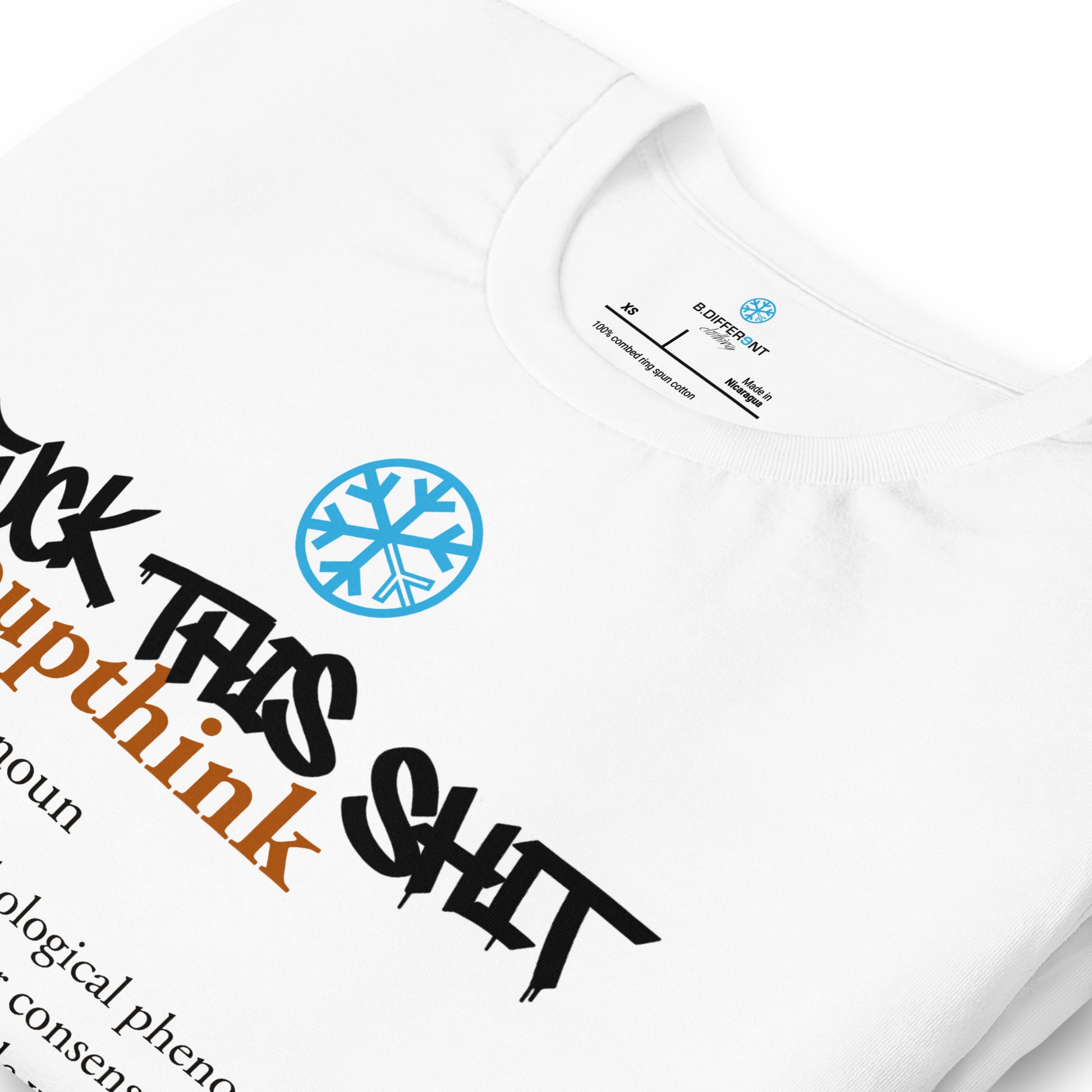 White-Groupthink Graffiti Tee from B.Different Clothing, detail, graffiti-inspired streetwear t-shirt