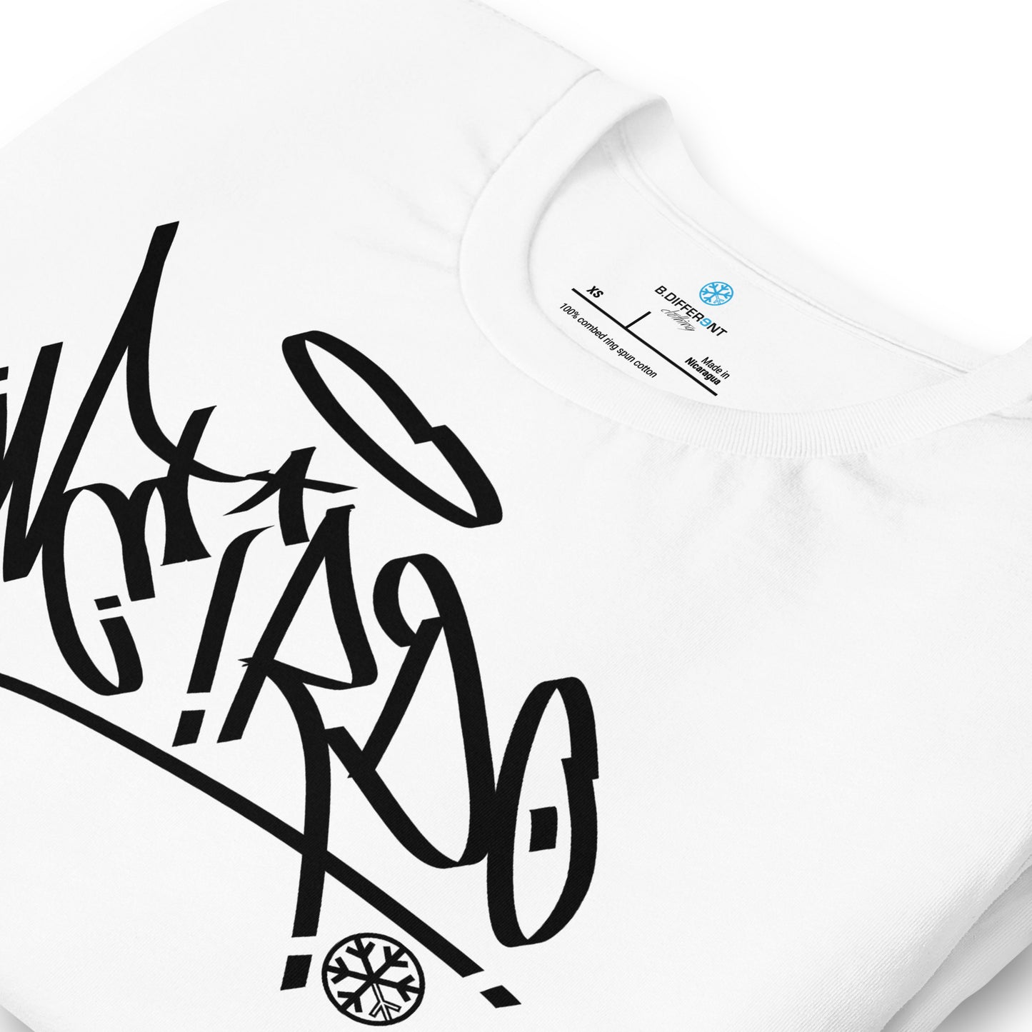 White-Weirdo Tag Graffiti Tee from B.Different Clothing, detail, graffiti-inspired streetwear t-shirt
