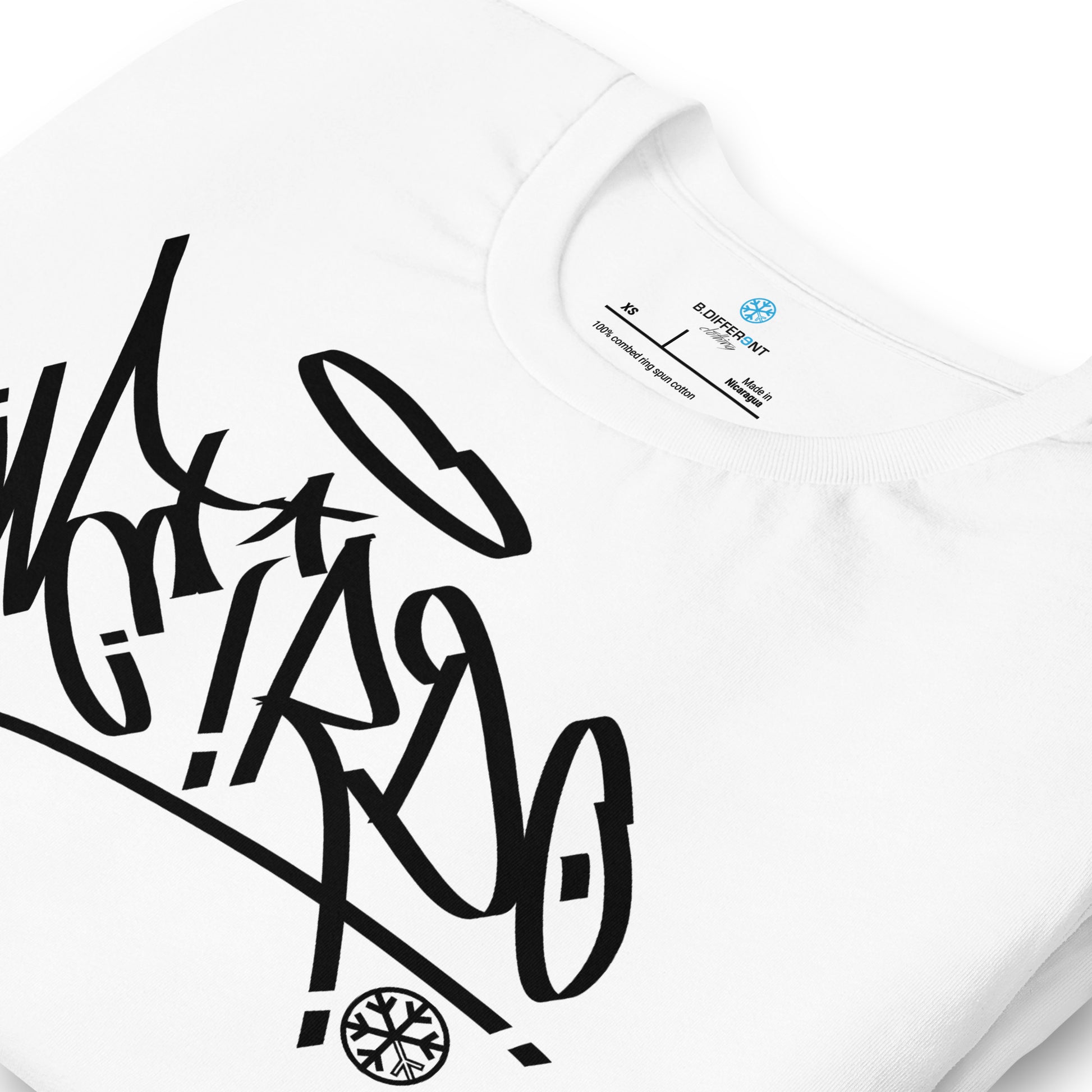 White-Weirdo Tag Graffiti Tee from B.Different Clothing, detail, graffiti-inspired streetwear t-shirt