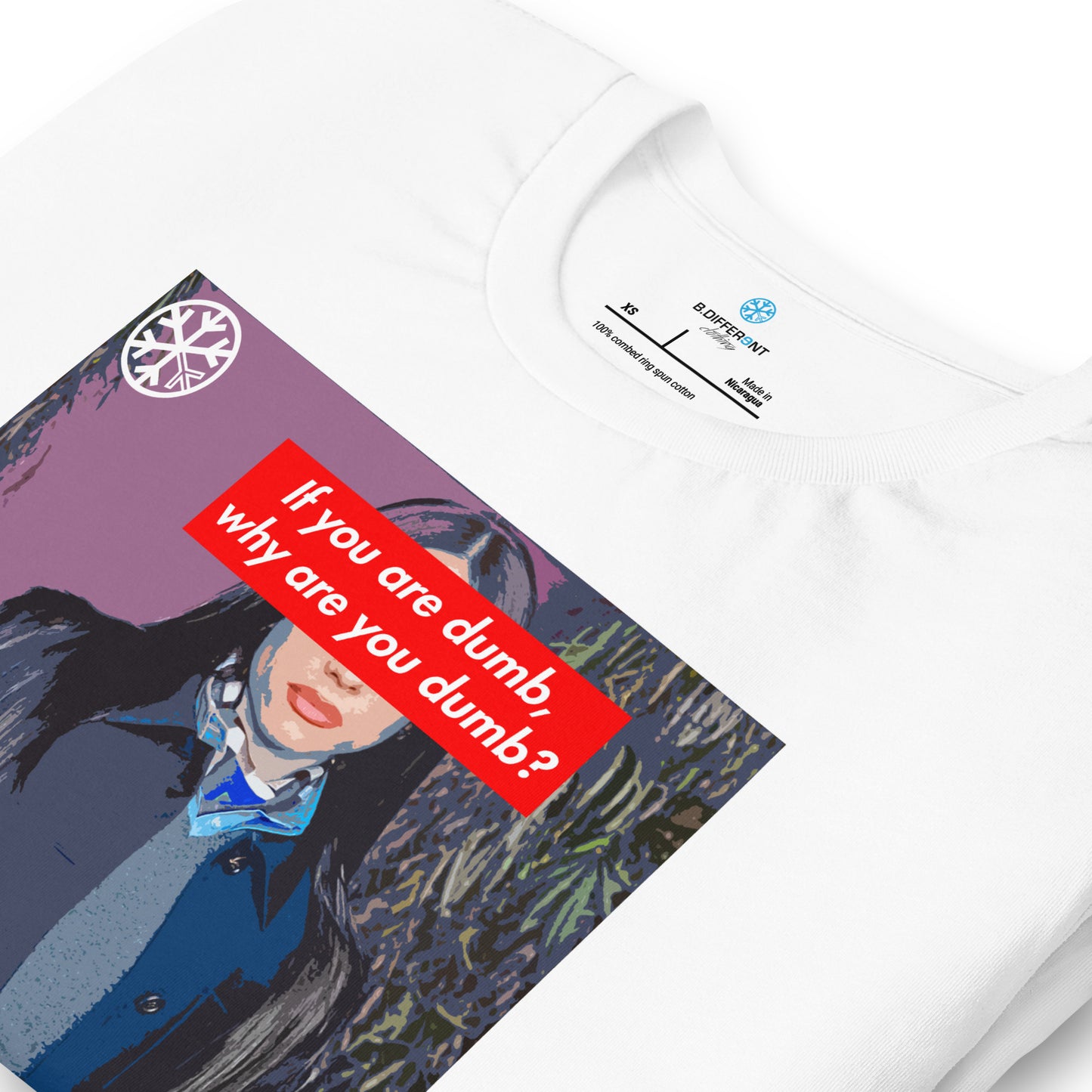 White-Why Are You Dumb Tee from B.Different Clothing, detail, graffiti-inspired streetwear t-shirt