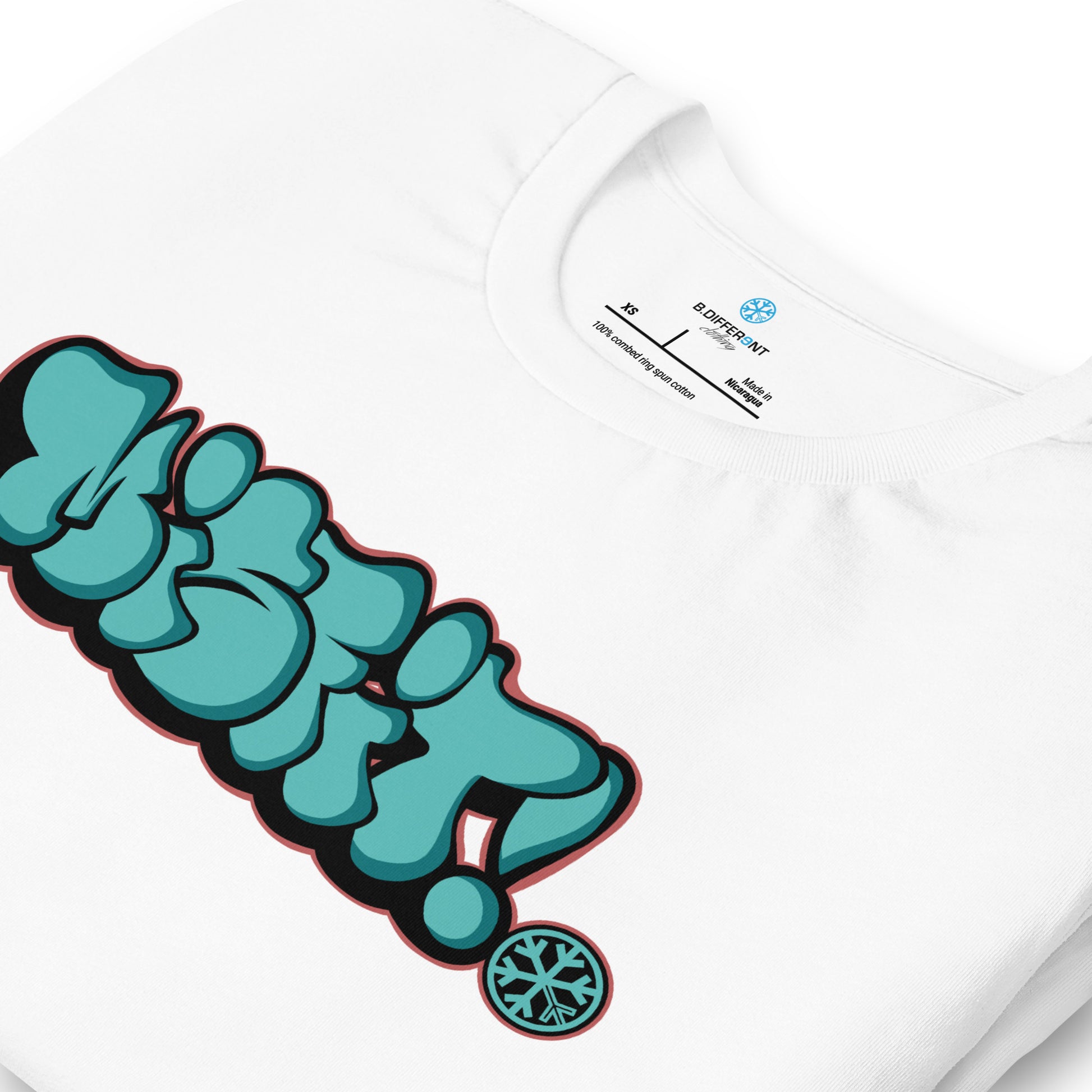 White-Misfit Graffiti Throwie Tee from B.Different Clothing, detail, graffiti-inspired streetwear t-shirt
