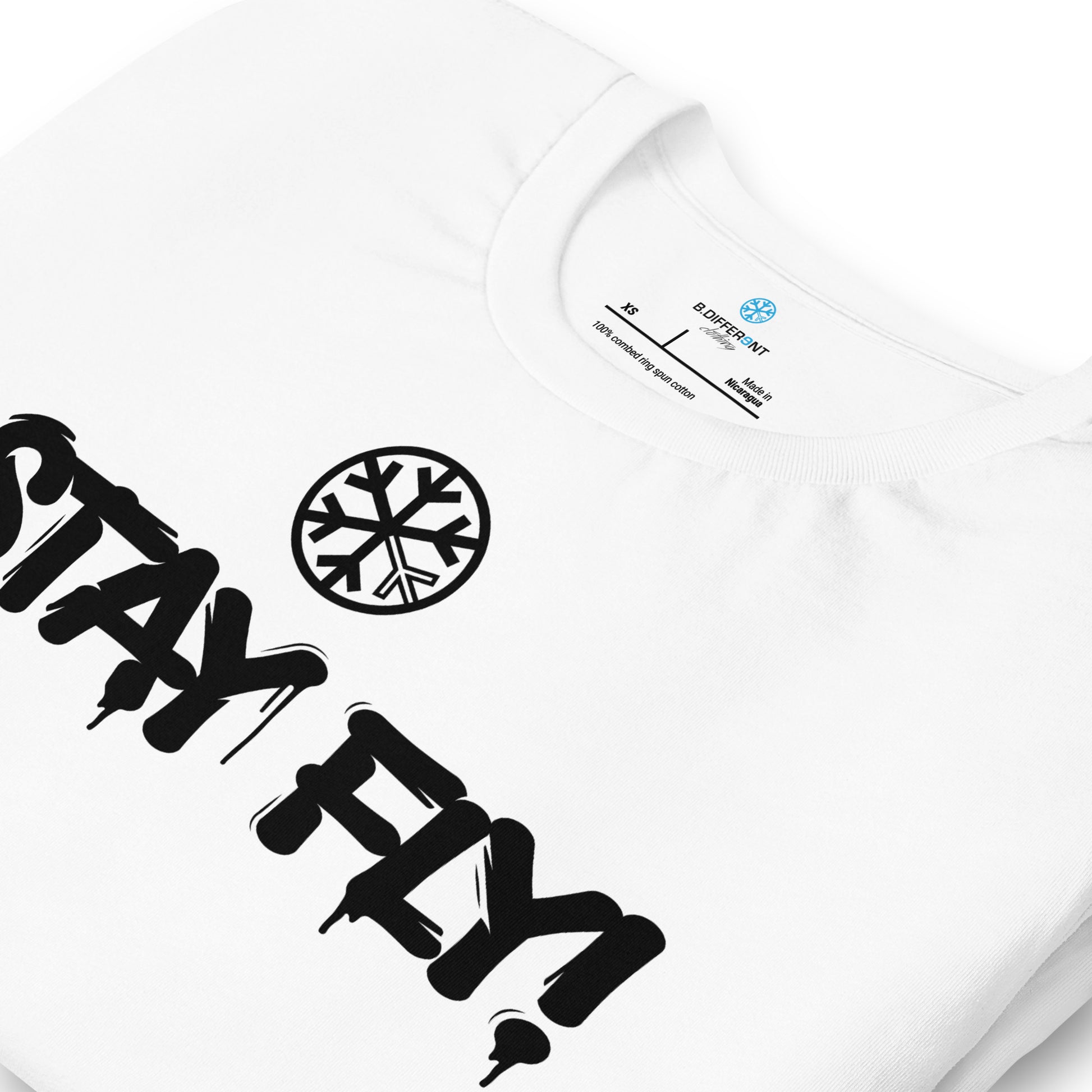 White-Stay Fly Graffiti Tag Tee from B.Different Clothing, detail, graffiti-inspired streetwear t-shirt