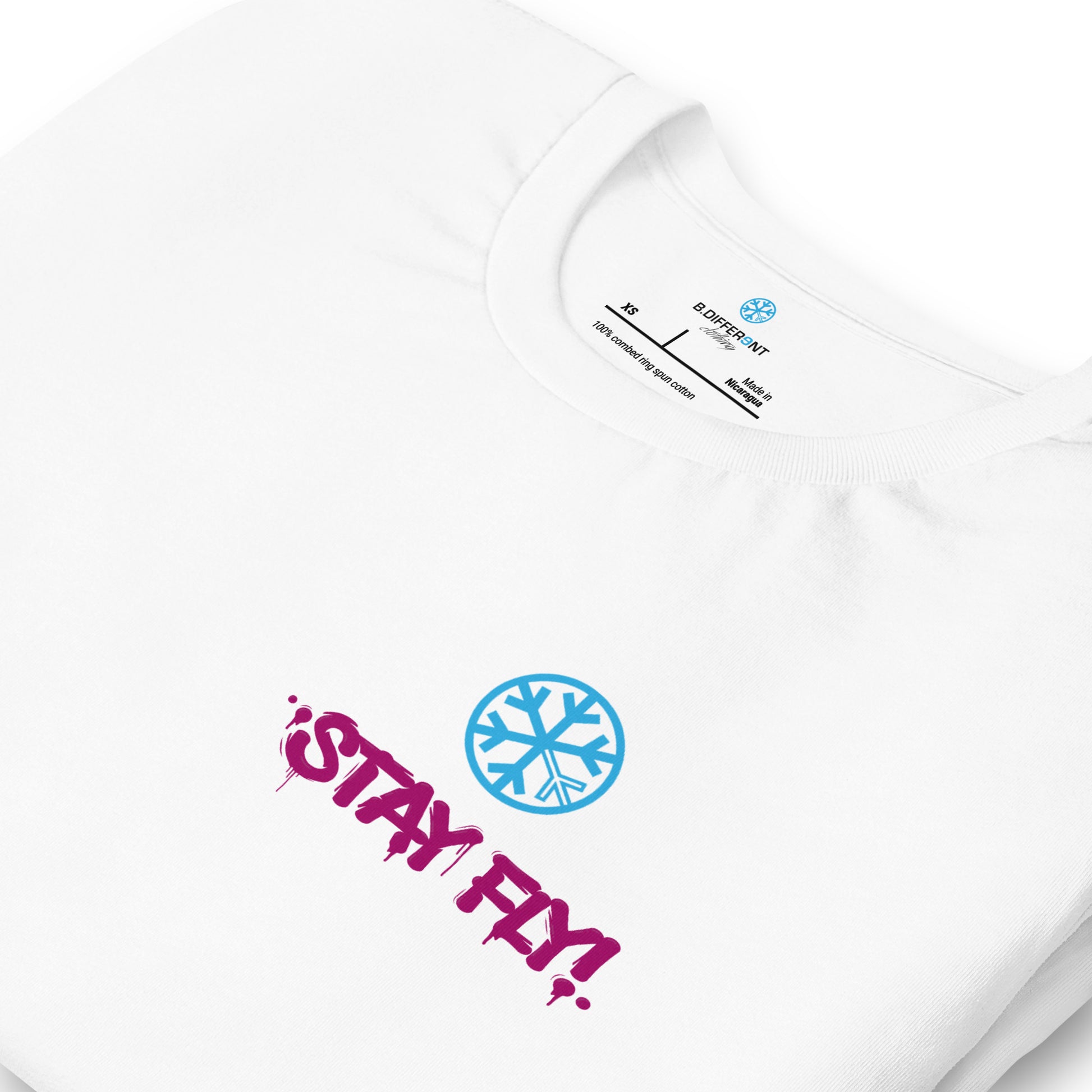 White-Stay Fly Graffiti Character Tee from B.Different Clothing, detail, graffiti-inspired streetwear t-shirt