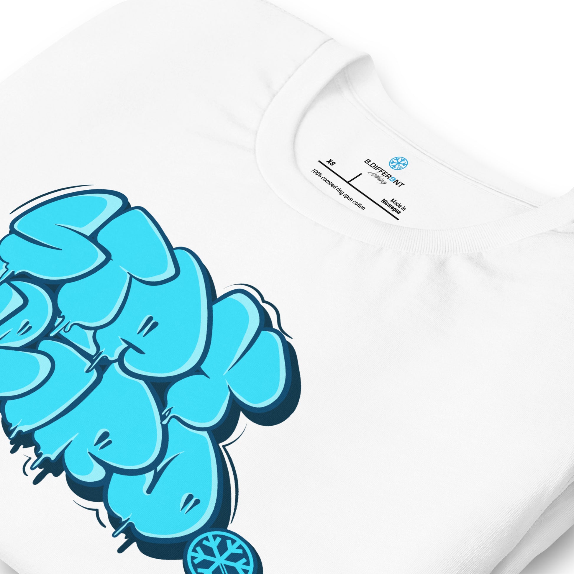 White-Stay Weird Graffiti Throw-up Tee from B.Different Clothing, detail, graffiti-inspired streetwear t-shirt