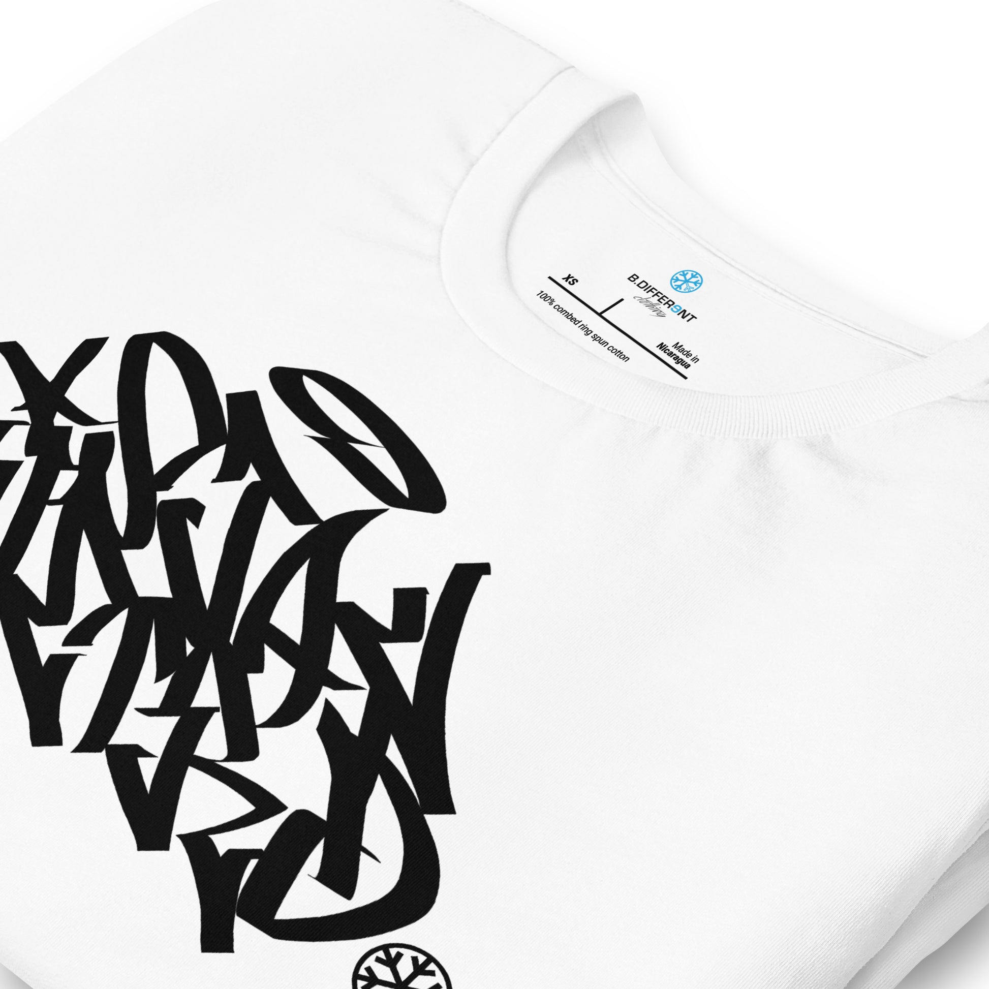 White-Stay Weird Graffiti Tag Tee from B.Different Clothing, detail, graffiti-inspired streetwear t-shirt