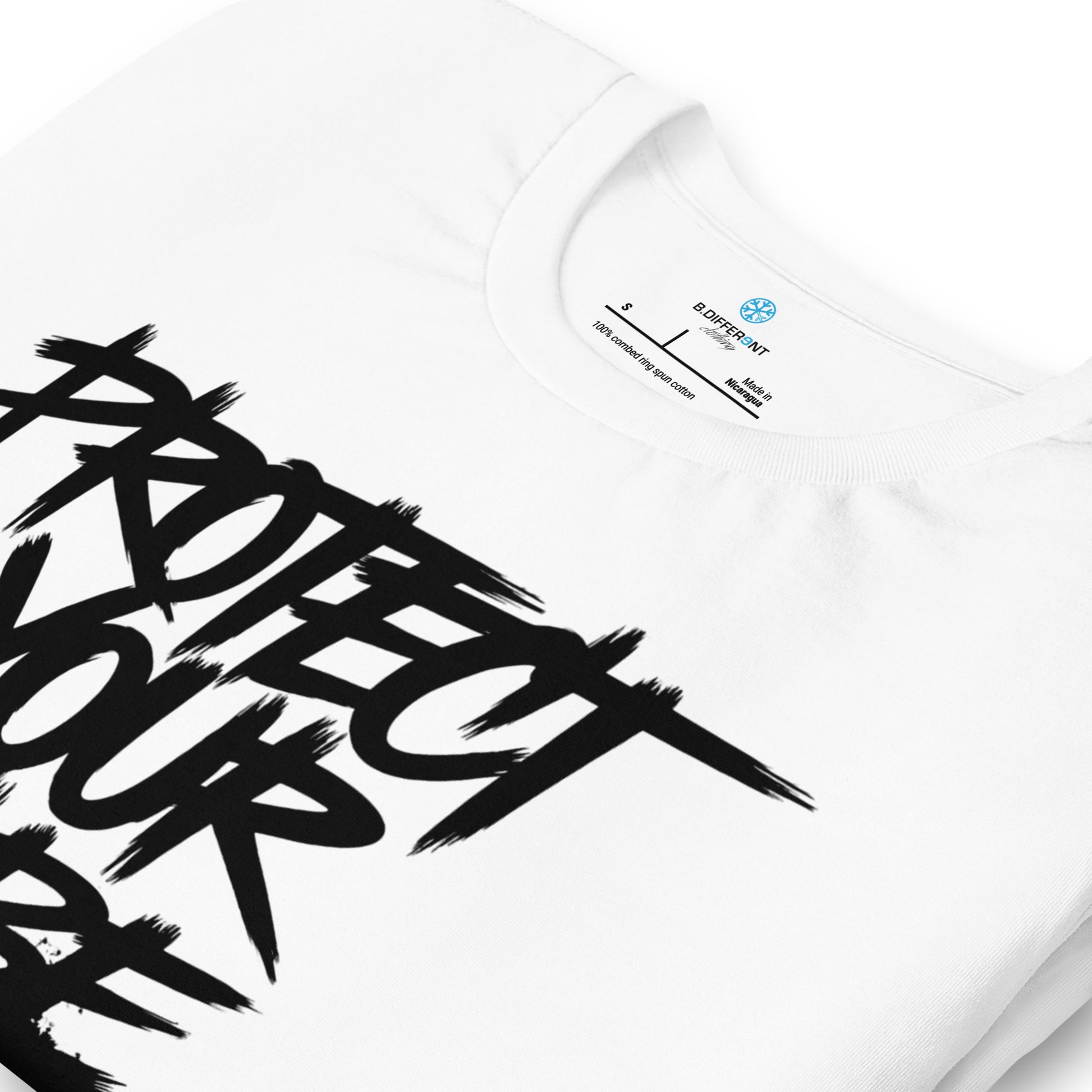 White-Protect Your Vibe Graffiti Tag Tee from B.Different Clothing, detail, graffiti-inspired streetwear t-shirt