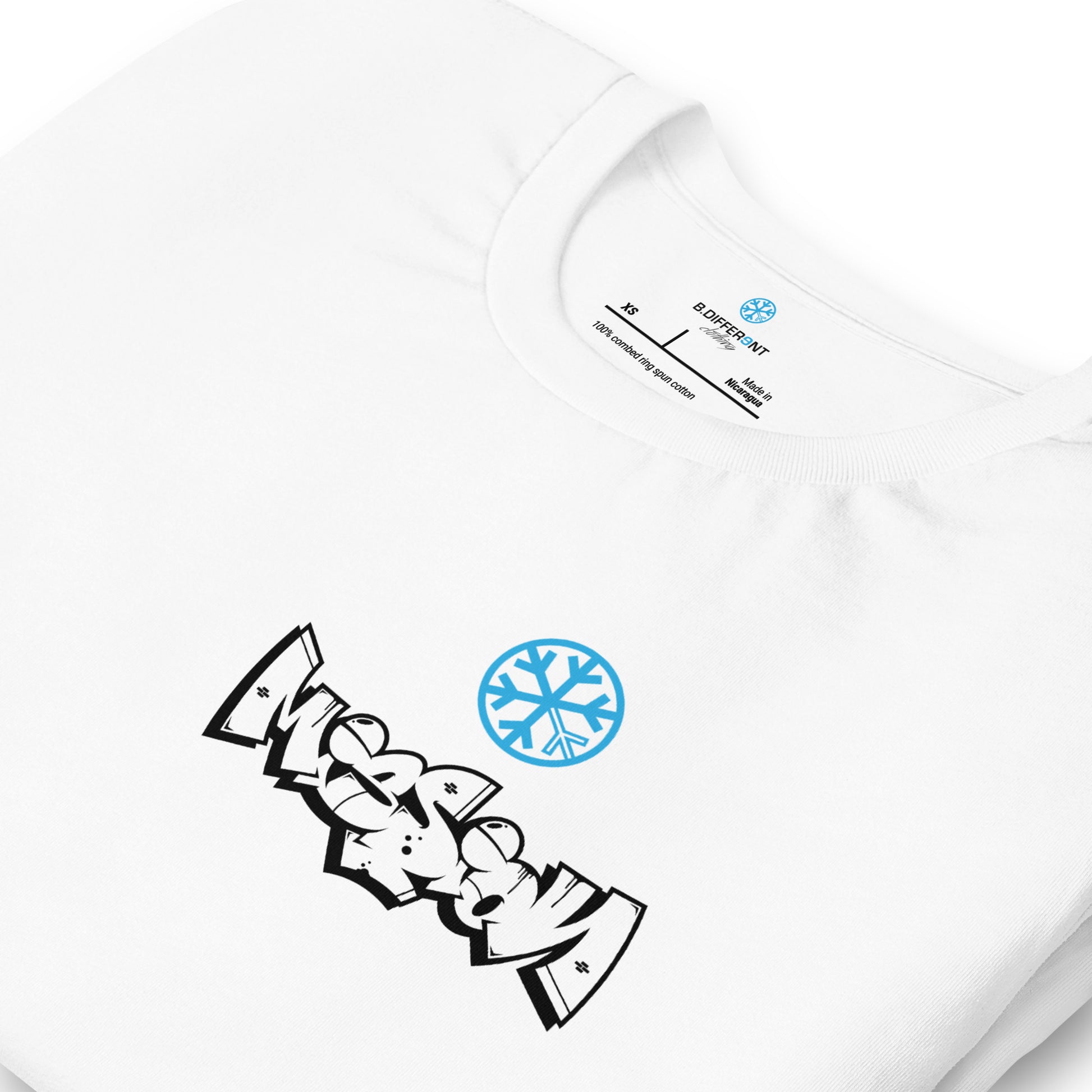 White-Mission Graffiti Character Tee from B.Different Clothing, detail, graffiti-inspired streetwear t-shirt