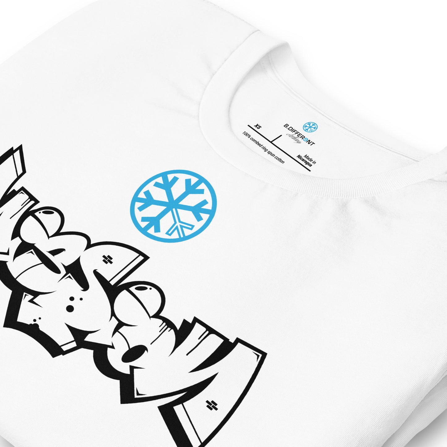 White-Mission Graffiti Piece Tee from B.Different Clothing, detail, graffiti-inspired streetwear t-shirt