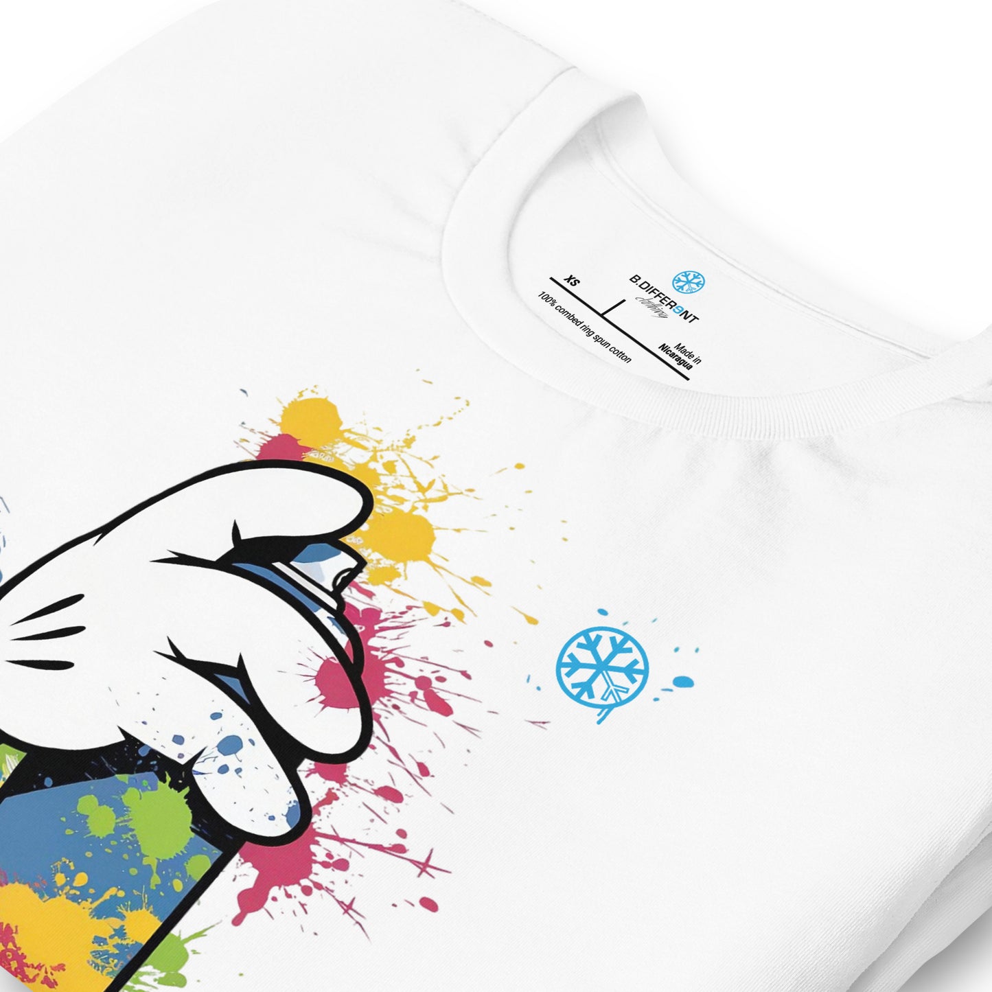 White-Hand Spray Can Graffiti Tee from B.Different Clothing, detail, graffiti-inspired streetwear t-shirt