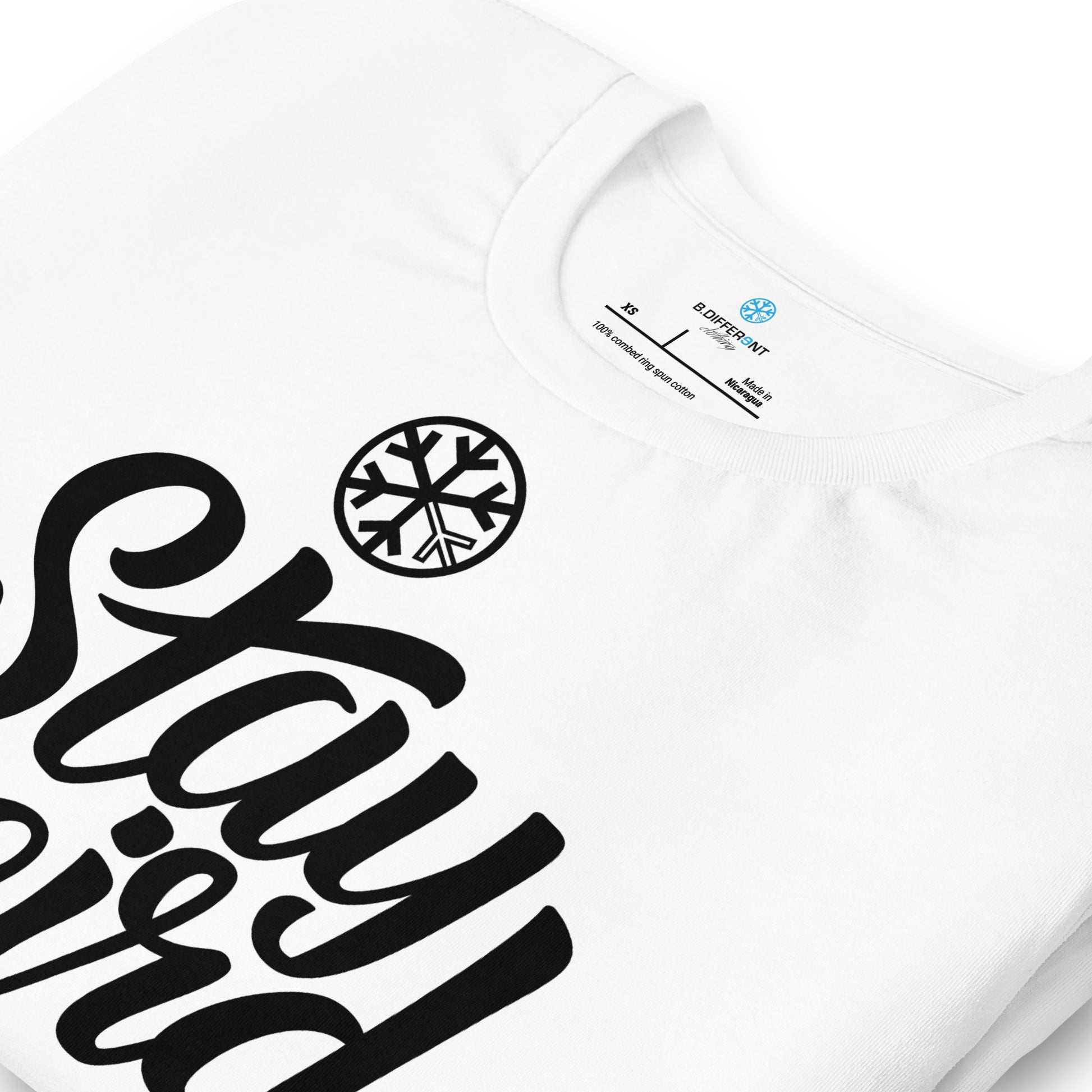 White-Stay Weird Tee from B.Different Clothing, detail, graffiti-inspired streetwear t-shirt