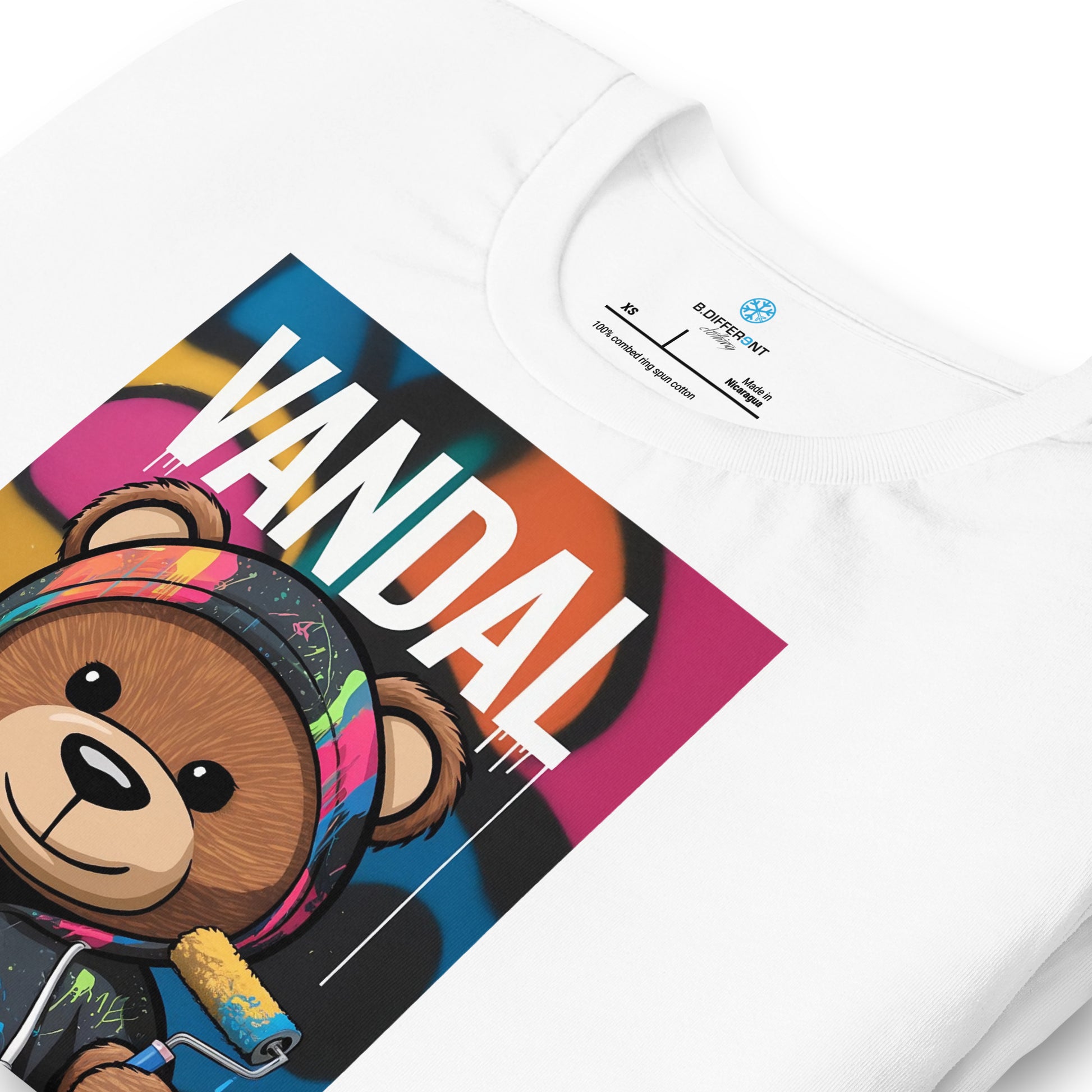 White-Vandal Teddy Bear Graffiti Tee from B.Different Clothing, detail, graffiti-inspired streetwear