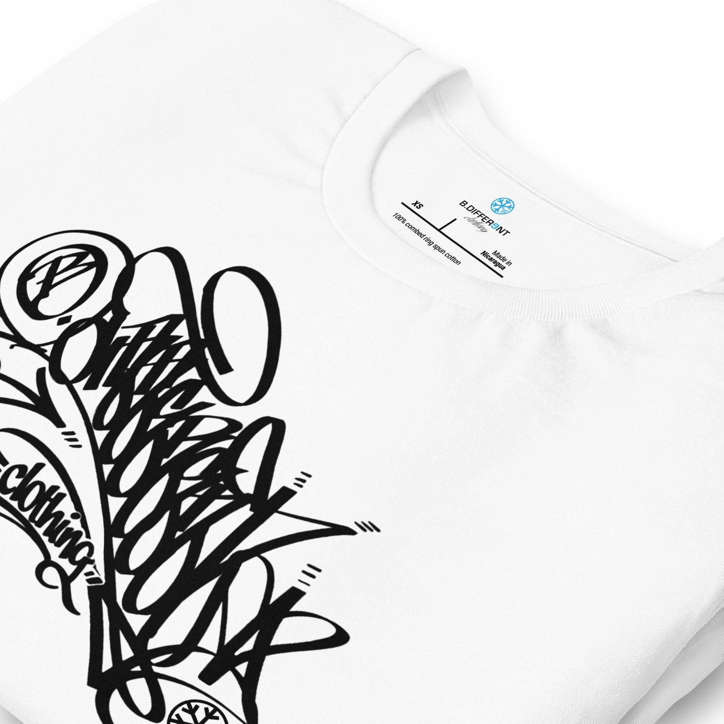White-B.Different Clothing Graffiti Tag Tee from B.Different Clothing, detail, graffiti-inspired streetwear t-shirt