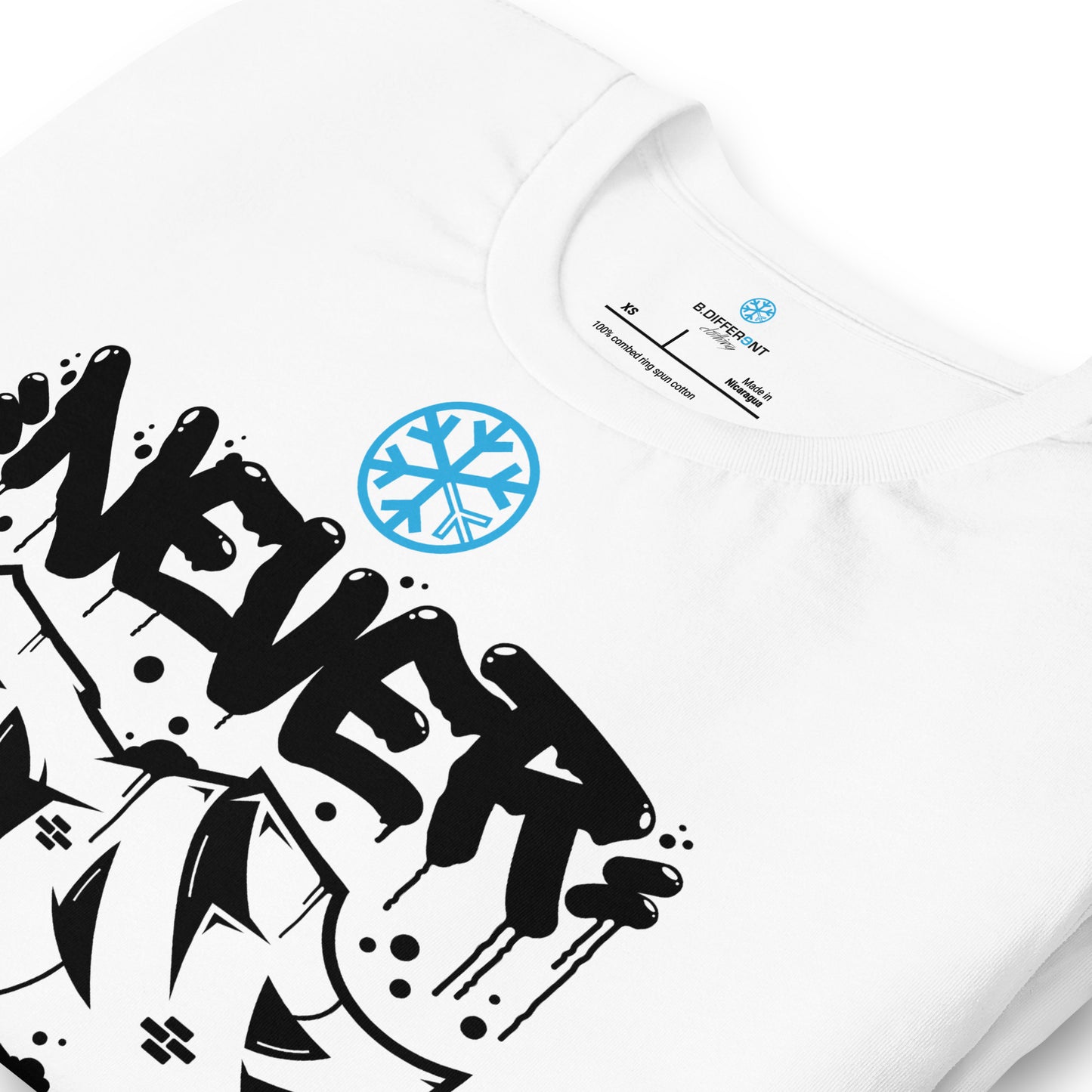 White-Never Stop Graffiti Piece Tee from B.Different Clothing, detail, graffiti-inspired streetwear t-shirt