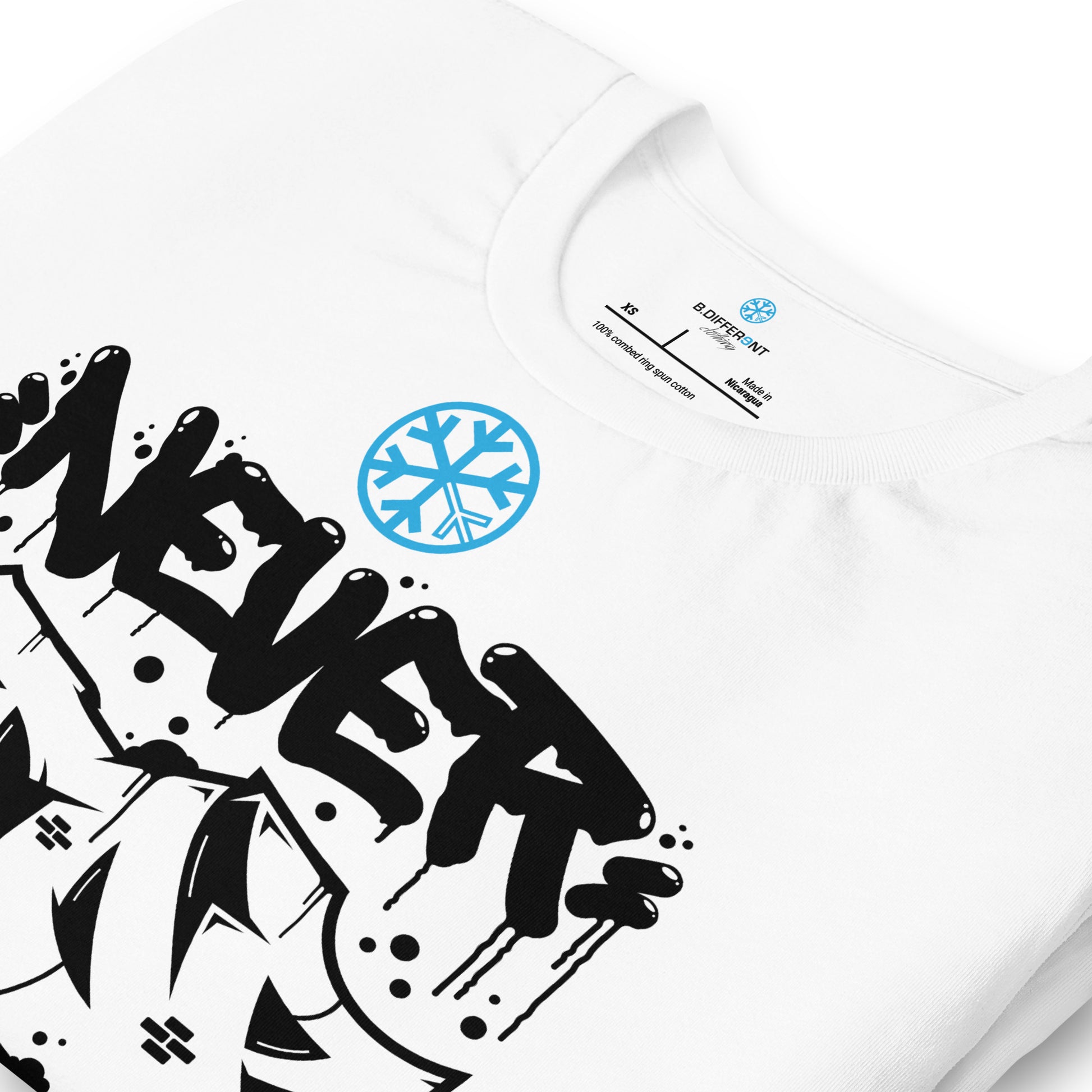 White-Never Stop Graffiti Piece Tee from B.Different Clothing, detail, graffiti-inspired streetwear t-shirt