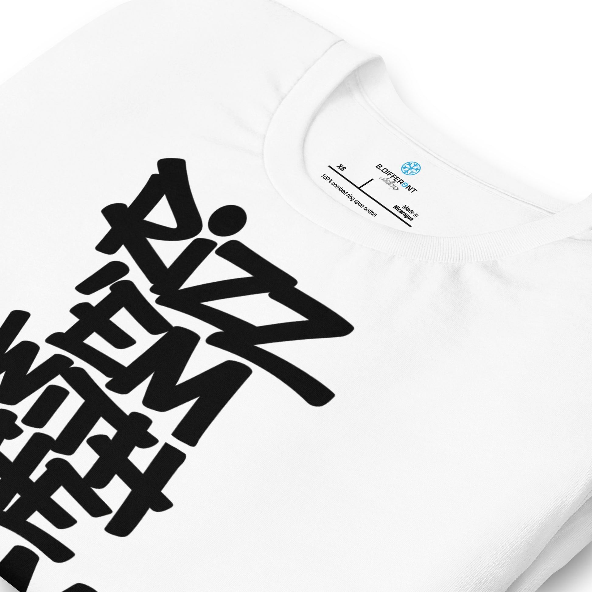 White-Rizz 'Em With The 'Tism Graffiti Tee from B.Different Clothing, detail, graffiti-inspired streetwear t-shirt