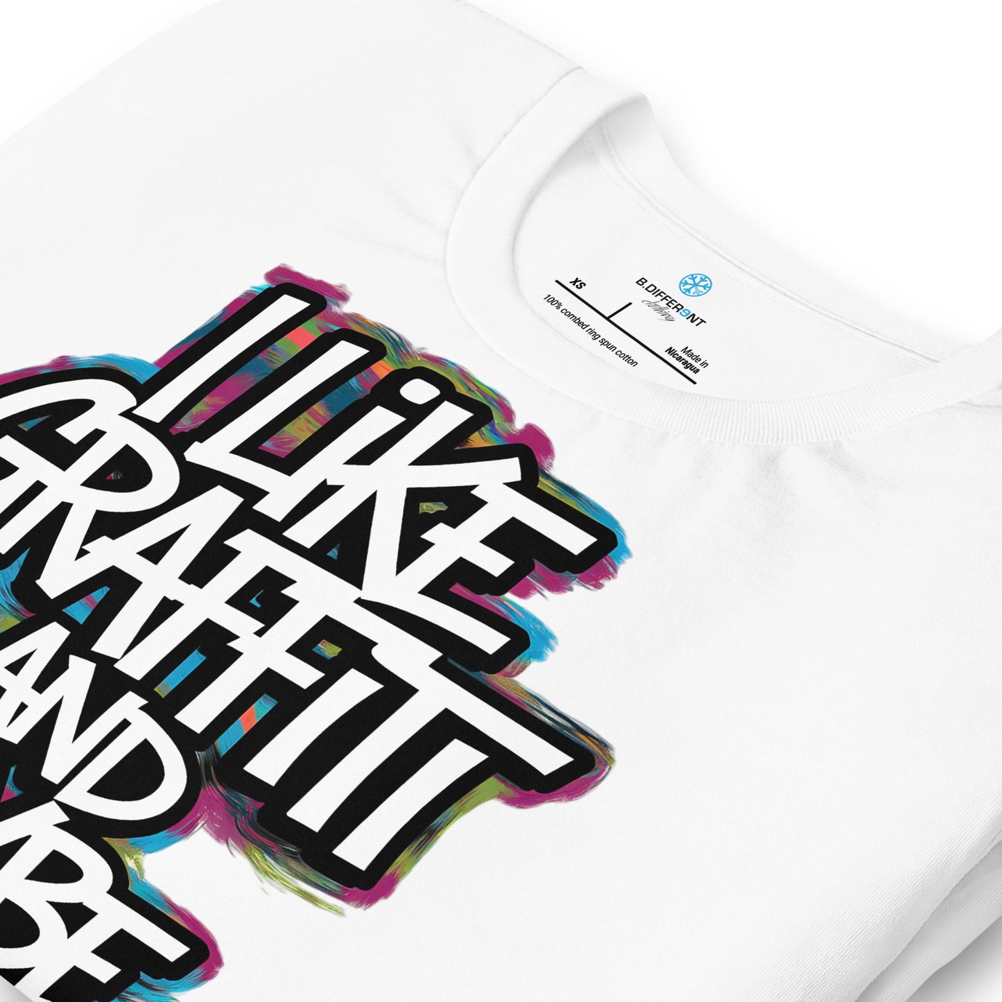White-I Like Graffiti and Maybe 2 People Tee from B.Different Clothing, detail, graffiti-inspired streetwear t-shirt