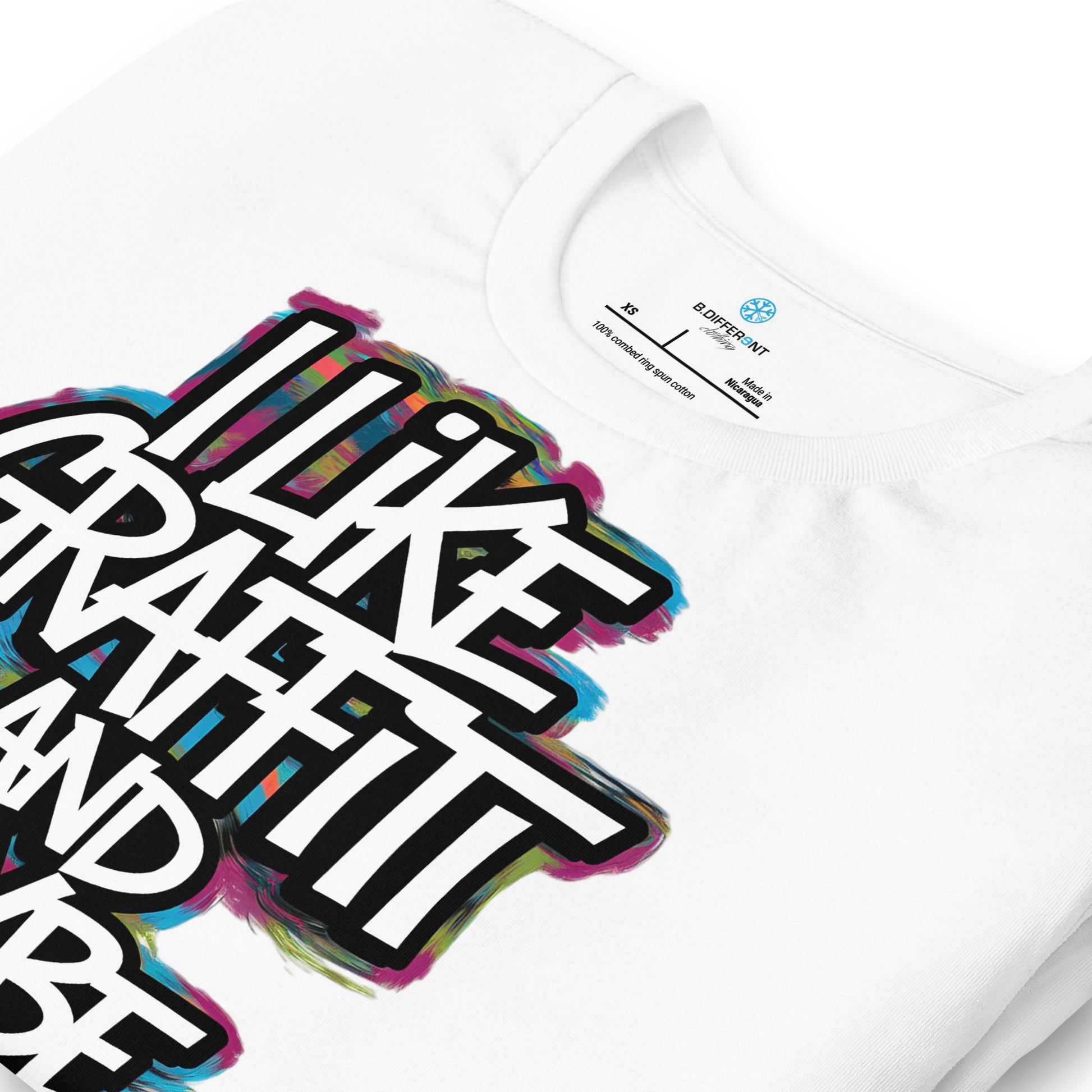 White-I Like Graffiti and Maybe 2 People Tee from B.Different Clothing, detail, graffiti-inspired streetwear t-shirt